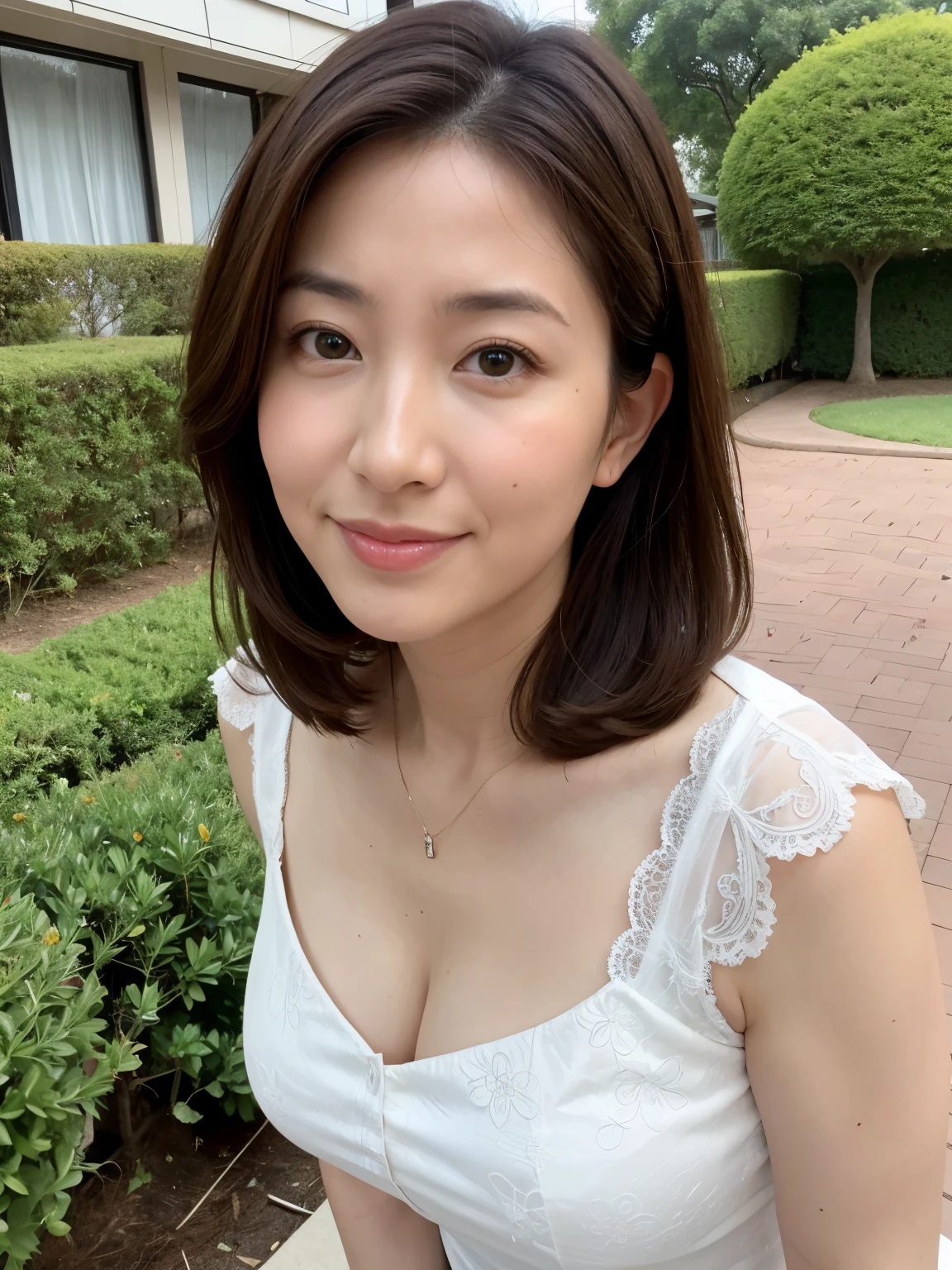 Top quality, 8K, Masterpiece, Tatsuma, sharp focus, high quality, high resolution, detailed face, detailed eyes, thick lips, (looking at viewer), solo, beautiful woman, 48 years old, plump, beautifully groomed Hair, emphasize the chest, cleavage, sexy sheer colorful short dress, posture of turning around, afternoon in front of the garden in the park,