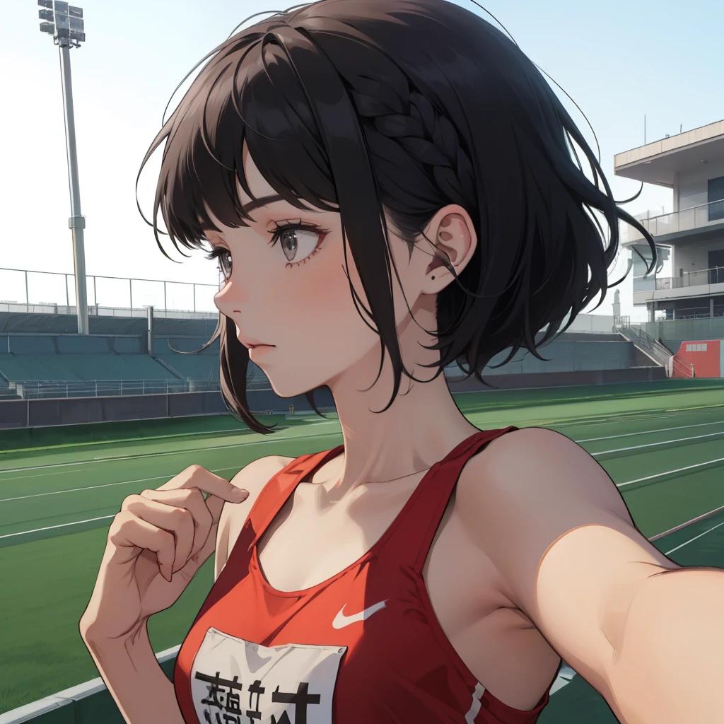 A girl, pixie hairstyle, Front View, slender, flat chest, One-person viewpoint, pale skin, track team, black hair, pixie haircut, picture, selfie
