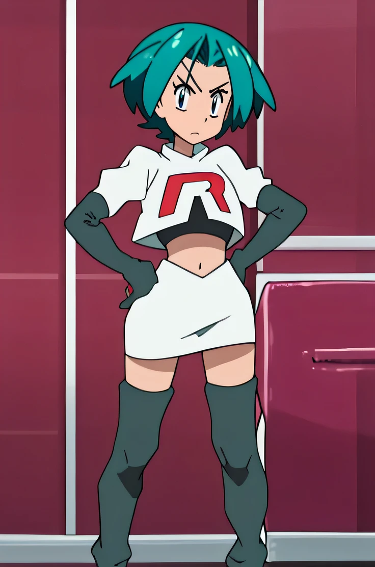 masterpiece, best quality, highres,team rocket uniform, red letter r, white skirt, white crop top, black thigh-high boots, black elbow gloves, glaring angrily, looking at viewer, hands on hips, full body seen, zettai ryouiki