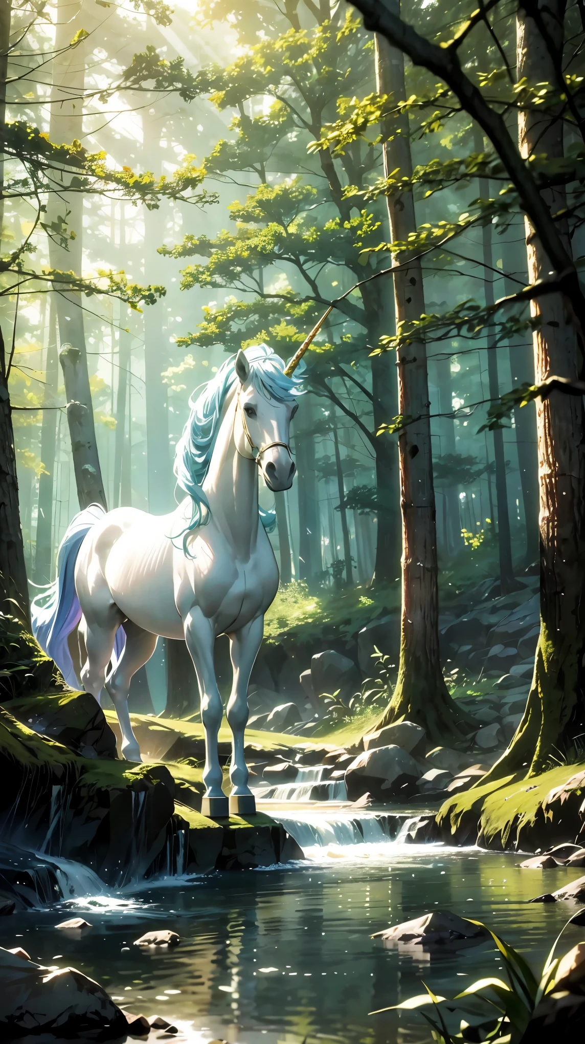 (8K, RAW photo, highest quality, masterpiece: 1.2), High-definition RAW color photo, Professional photography, cinematic light, unicorn、white horse with horns、A virgin wearing a transparent white dress、純潔を守る一人の少女がunicornに寄り添う:1.37、Gentle atmosphere、in the forest、The world of fantasy、pouring light、fantasy art、hazy、