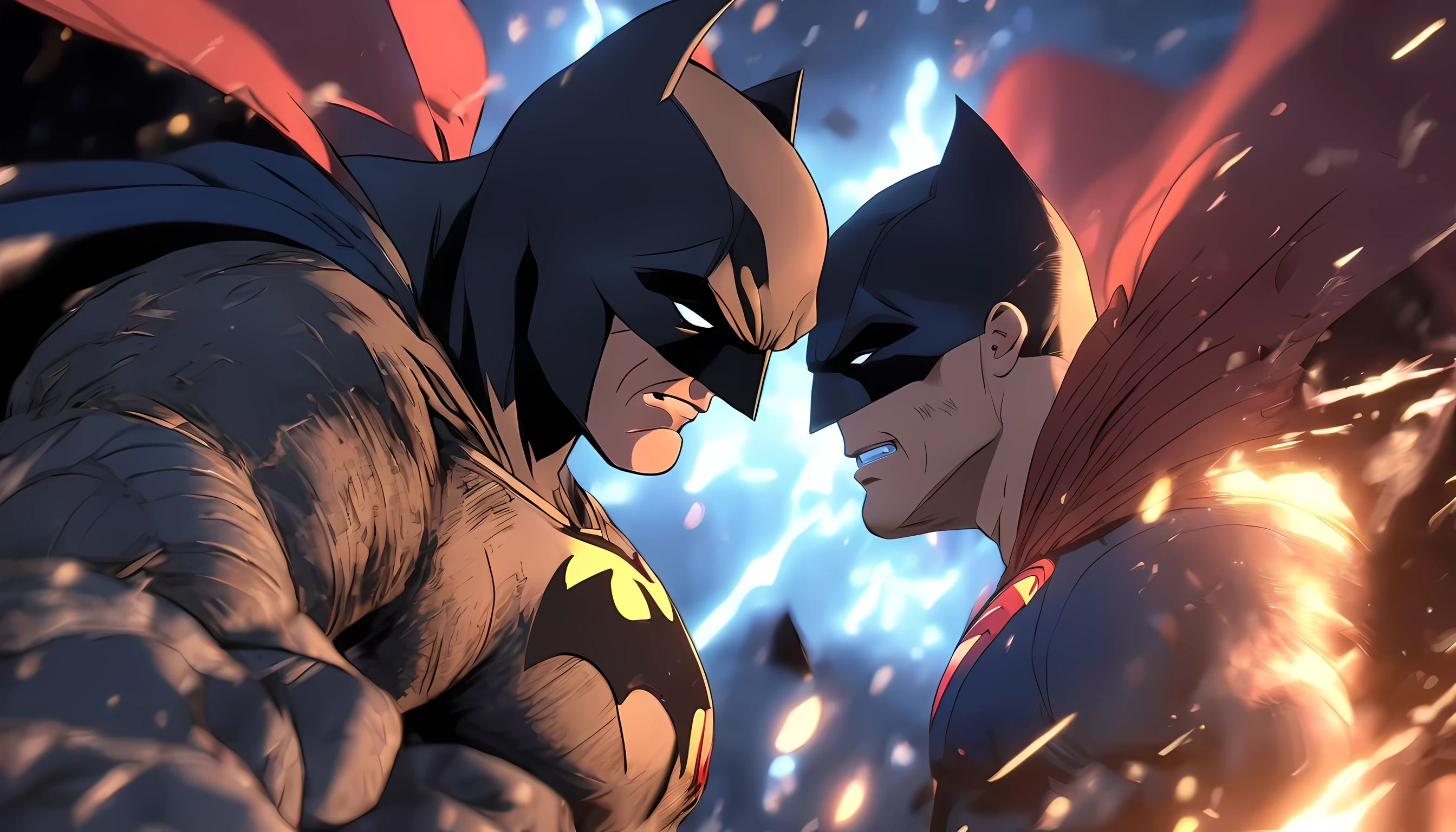 batman vs superman beating each other, anger expression, crossed fist, cross punch, standing in front of each other, fighting pose, best fighting scene, best quality, ultra quality, absurd details, best light, best shadow, sharp, sharp picture, detailed face, detailed eyes, detailed hair, detailed, extremely detailed, great resolution, 8k, 4k, uhd, ray tracing, beautiful effects, image of (full body)
