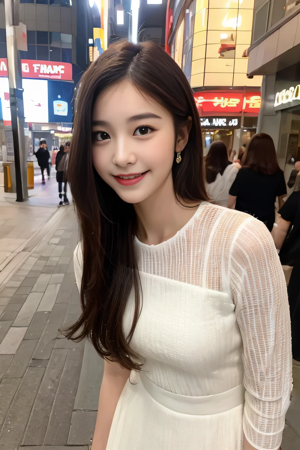 ((highest quality, 8K, masterpiece :1.3)), 1 girl, smile, whole body, slim face, Beautiful woman, (dark brown hair), white full length dress :1.1, super detailed face, fine eyes, double eyelid, blur background, slim face, city, outside, street,