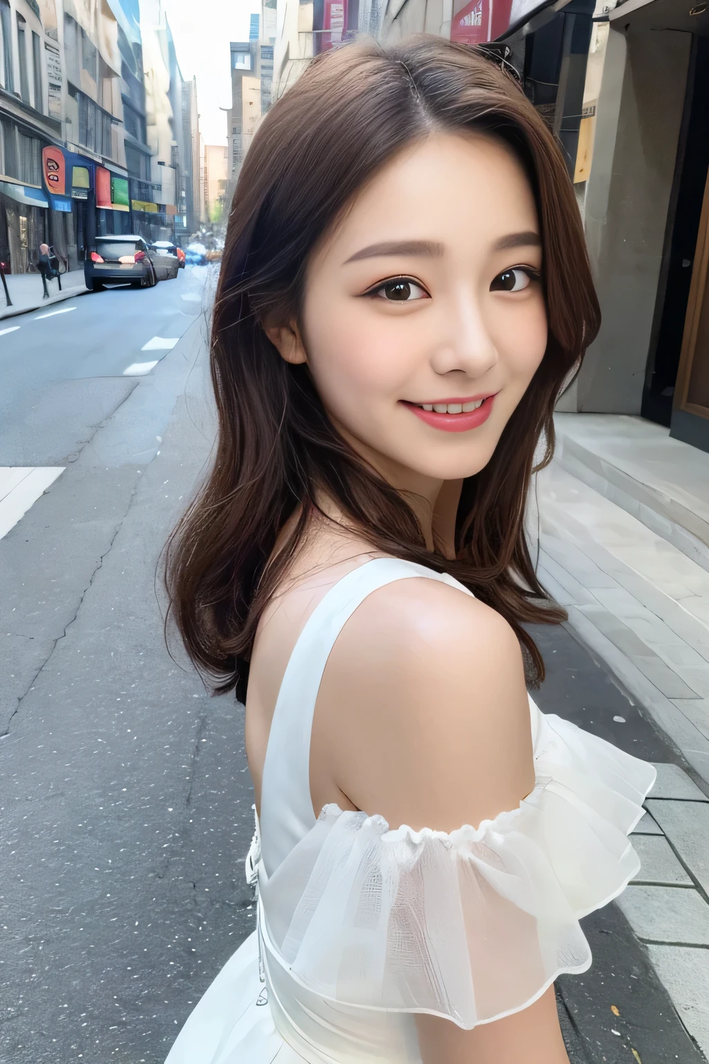 ((highest quality, 8K, masterpiece :1.3)), 1 girl, smile, whole body, slim face, Beautiful woman, (dark brown hair), white full length dress :1.1, super detailed face, fine eyes, double eyelid,  blur background, slim face, city, outside, street,