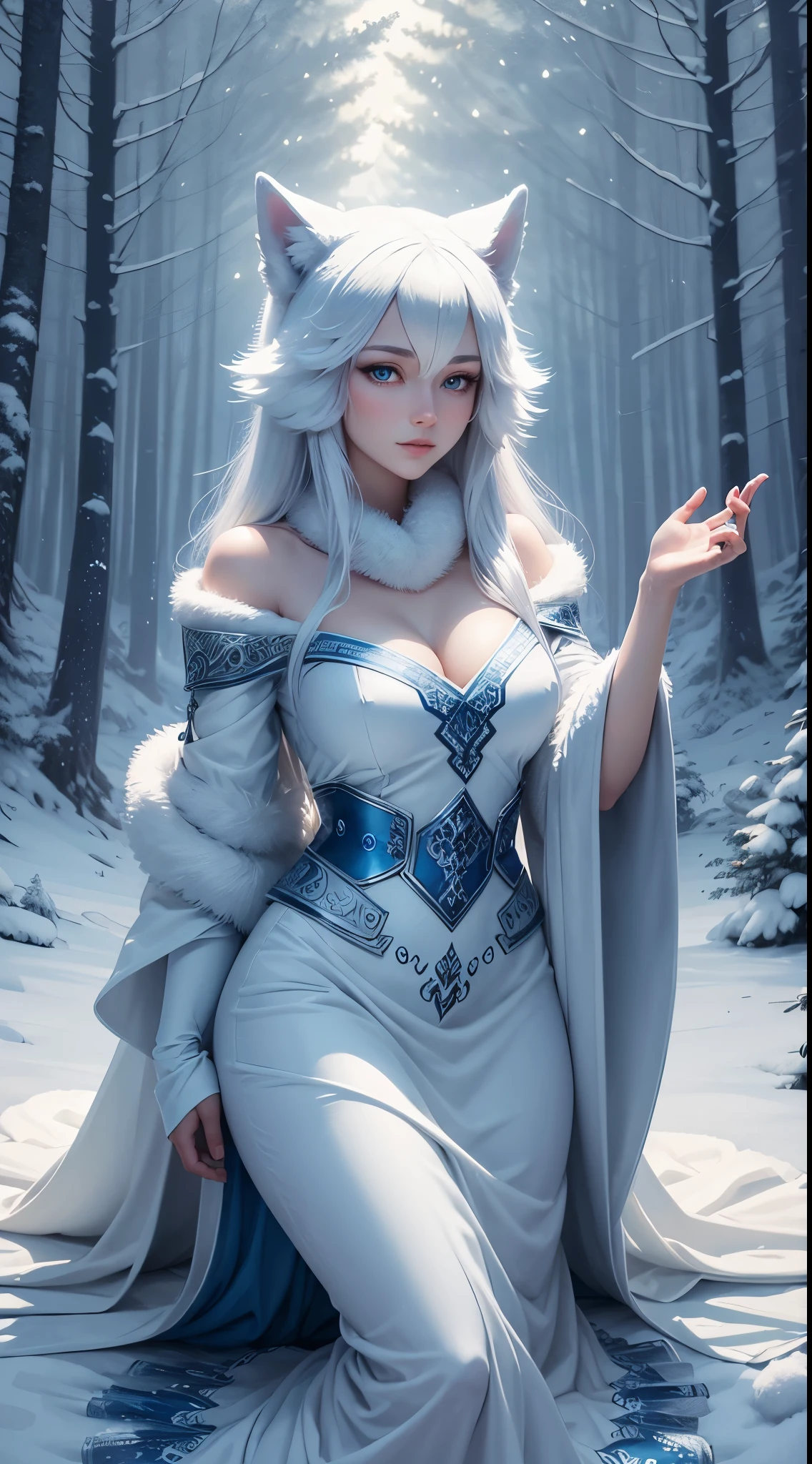 The most beautiful and enchanted Huskie spirit, white fur, glowing blue eyes, in the most beautiful enchanted forest, highly detailed, perfect masterpiece, high quality, high resolution, one white Huskie