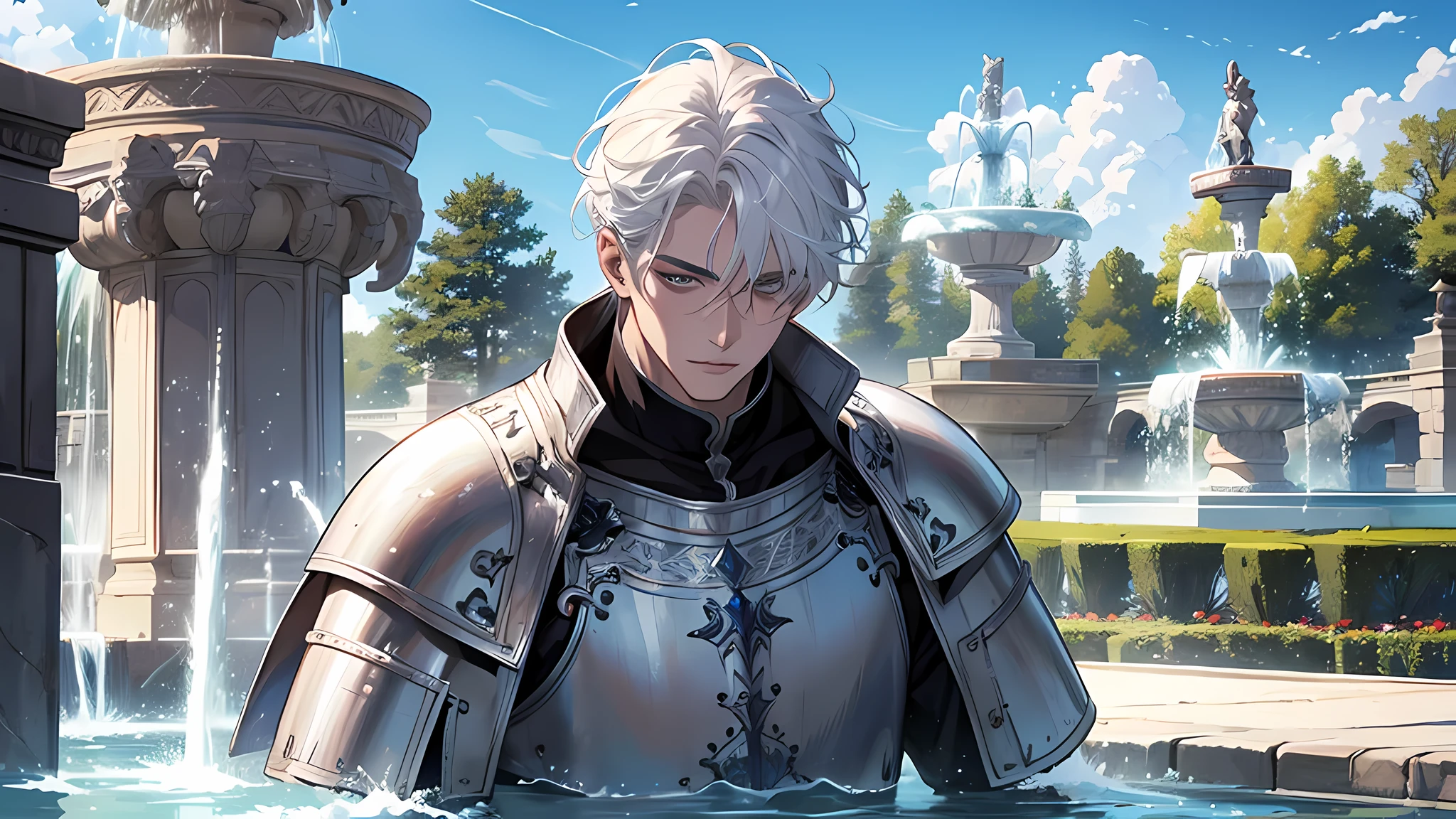 handsome man, white hair, in a water fountain, park, blue sky, medieval times, knight, confused face, face detailed, plump lips, no expression, calm face