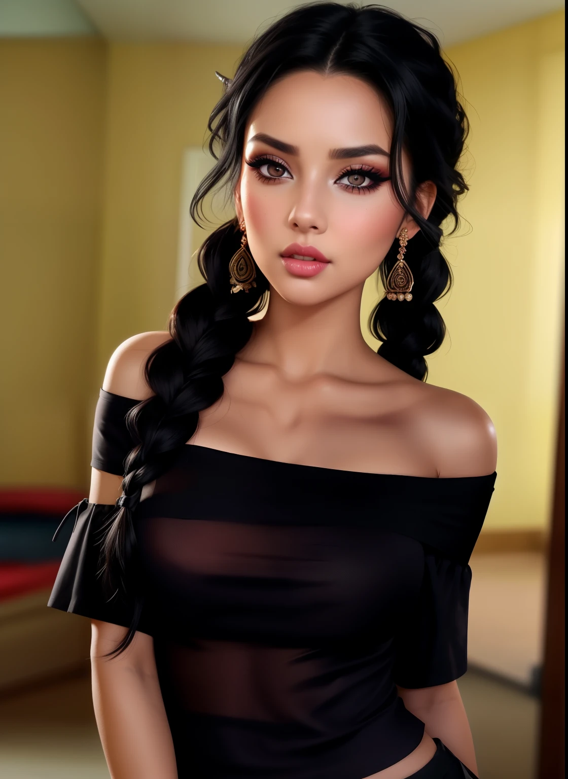 Sexy woman, black hair, single braid, seductive eyes, intense gaze, mouth parted, deep blush, flustered, beautiful face, amazing makeup, off shoulder t shirt