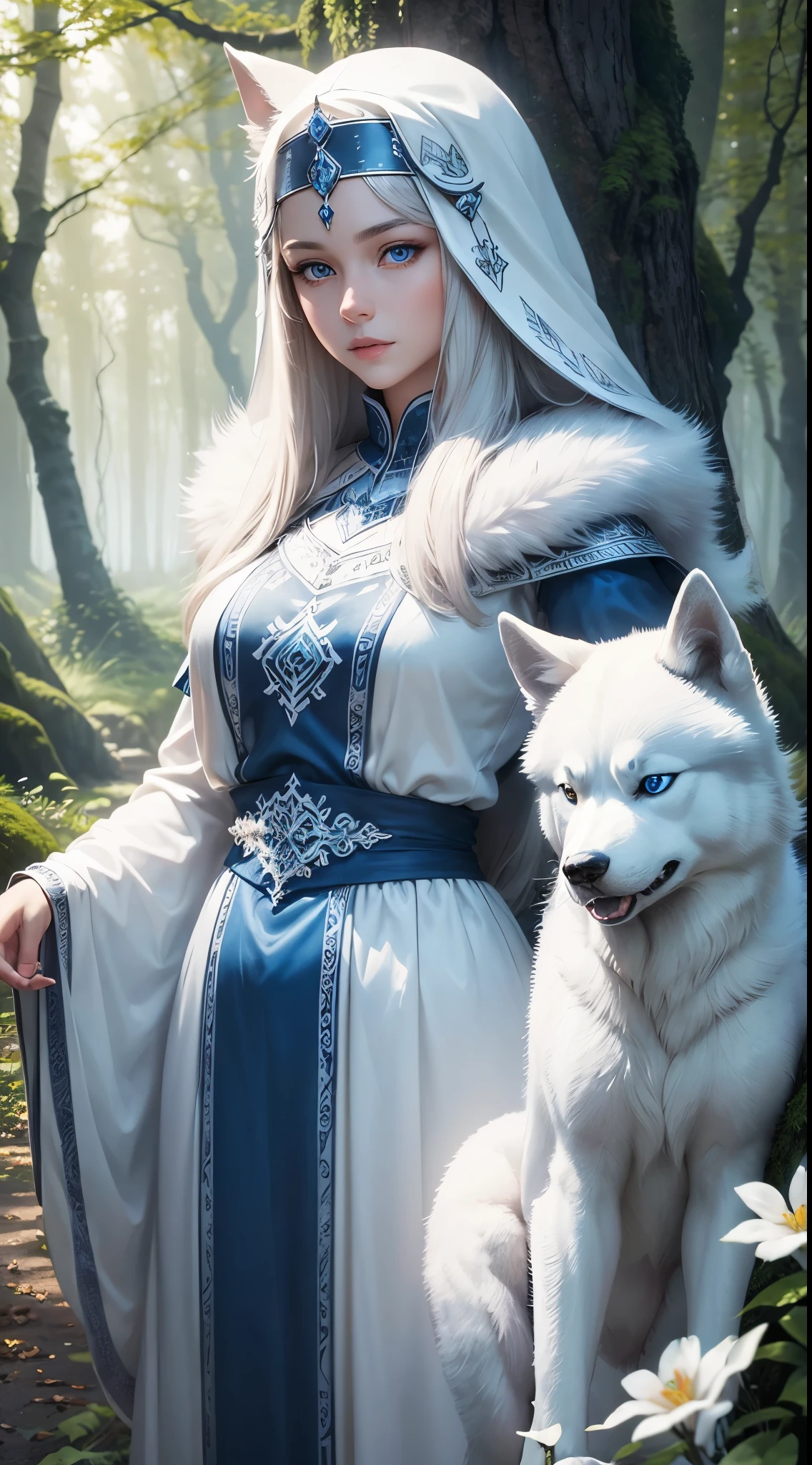 The most beautiful and enchanted Huskie spirit, white fur, glowing blue eyes, in the most beautiful enchanted forest, highly detailed, perfect masterpiece, high quality, high resolution, one white Huskie