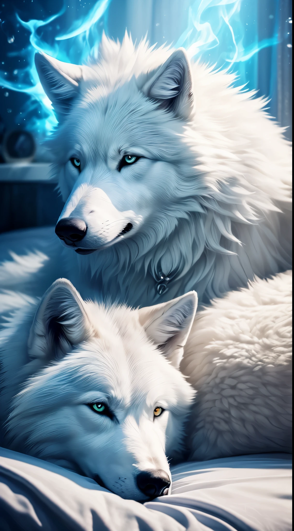 (best quality,photorealistic:1.2),fluffy white wolf,bedroom background,dream-like,cool colors,blue flaming eyes