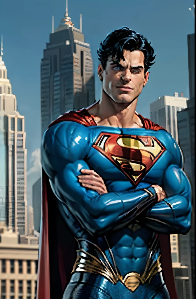 1boy, superman, abs, bara, black hair, blue bodysuit, blue eyes, bodysuit, cape, closed grinning mouth, crossed arms, large pectorals, male focus, muscular, muscular male, pectoral lift, pectorals, red cape, short hair, outdoors, skyscrapers, solo, superhero, upper body , ((masterpiece)), inspiring