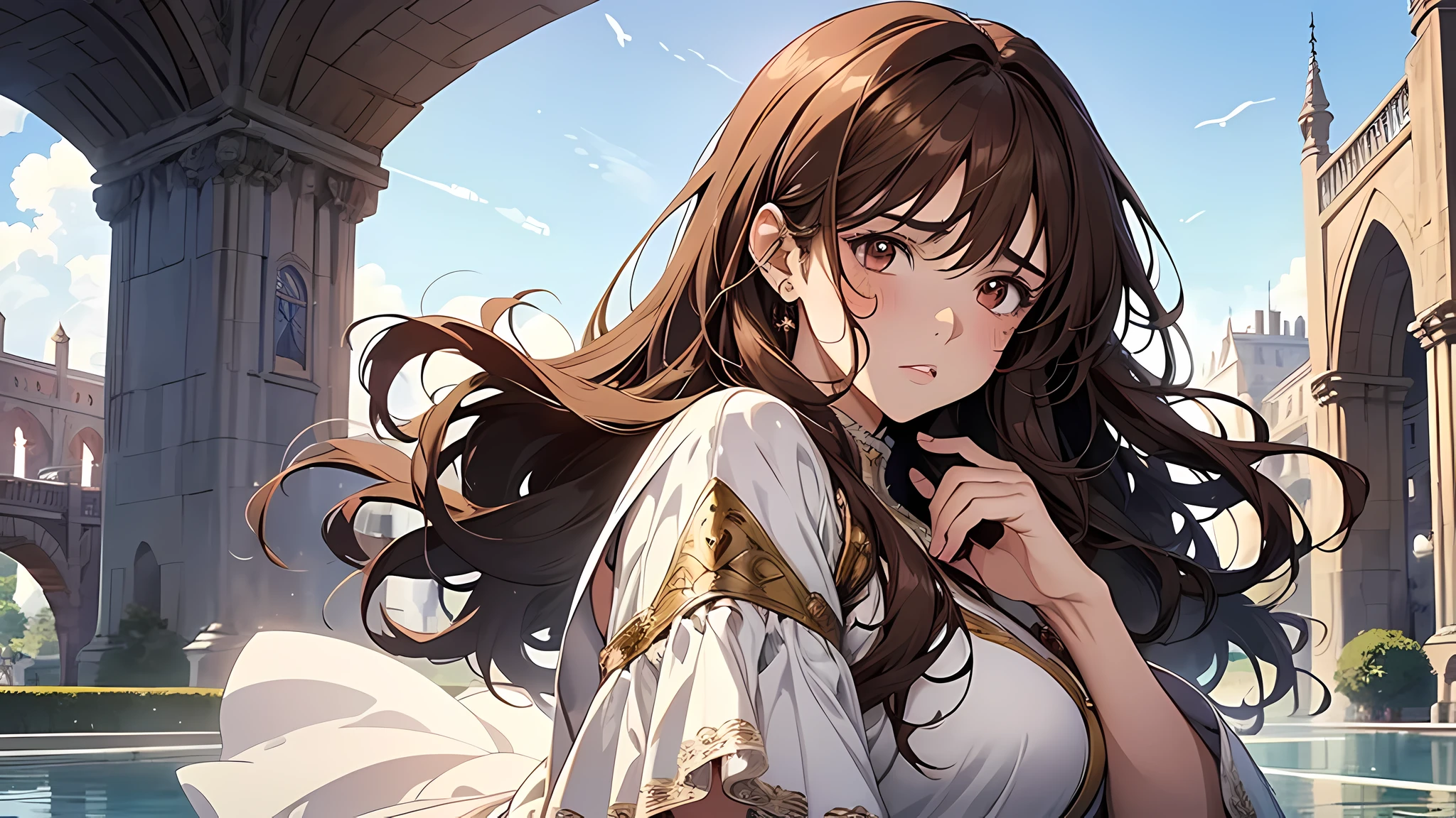 beautiful girl, thick brown hair, brown eyes, plump lips, face detailed, Clear facial expressions，Detailed digital anime art，digital anime art，High quality anime art style，medieval times, wearing white gown, in fountain, blue sky, confused face, upset face