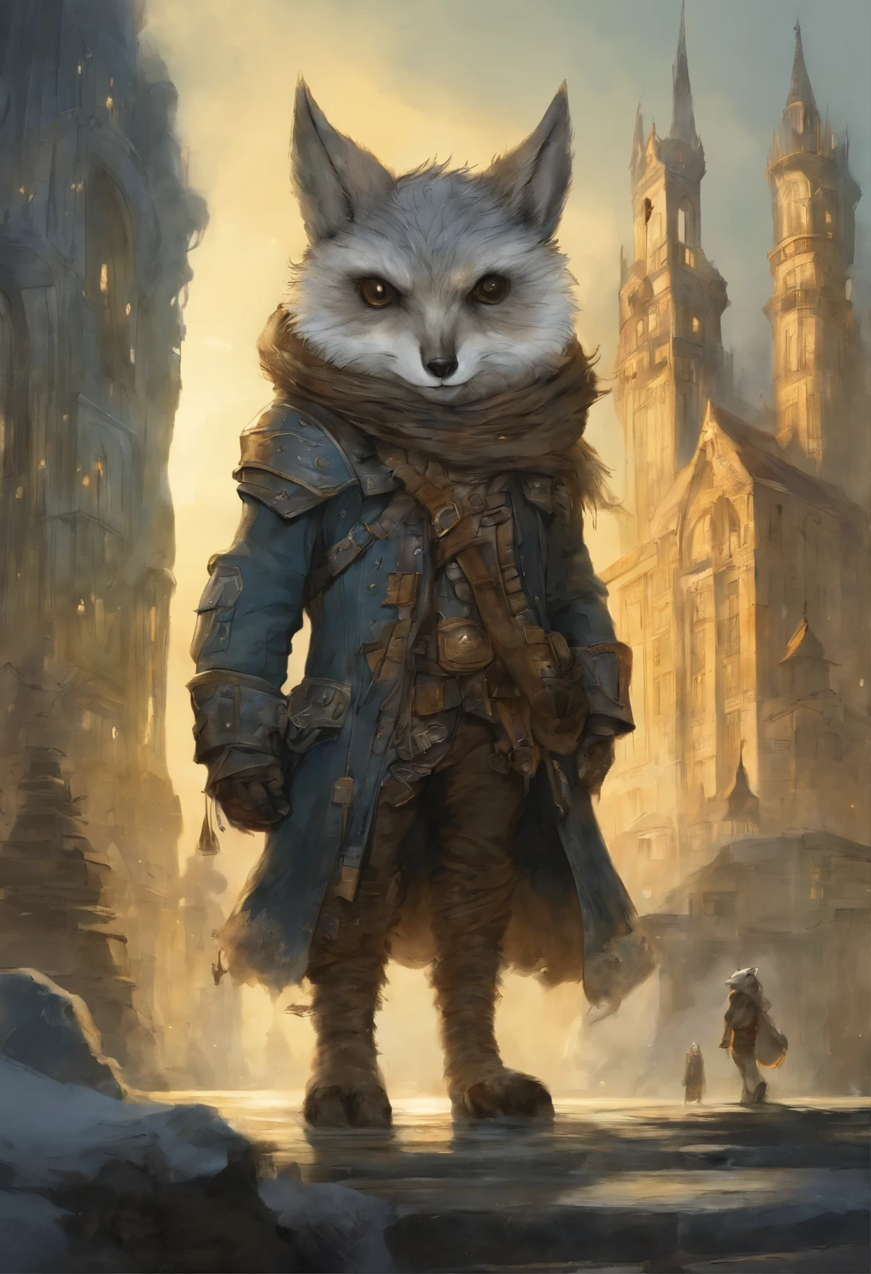 真实感, dark fantasy style, John Tolkien style, A small painting by Jean-Baptiste Monge, a fluffy owl girl with big breasts and big ears, looks like a arctic fox girl, in a short black leather jacket ....., Jeans, Stands next to a motorcycle, City, metropolis, city trail, big house, glass skyscraper Jean-Baptiste Monge, anthropomorphic -AR 2:3 -test -optimistic; 2400:4500