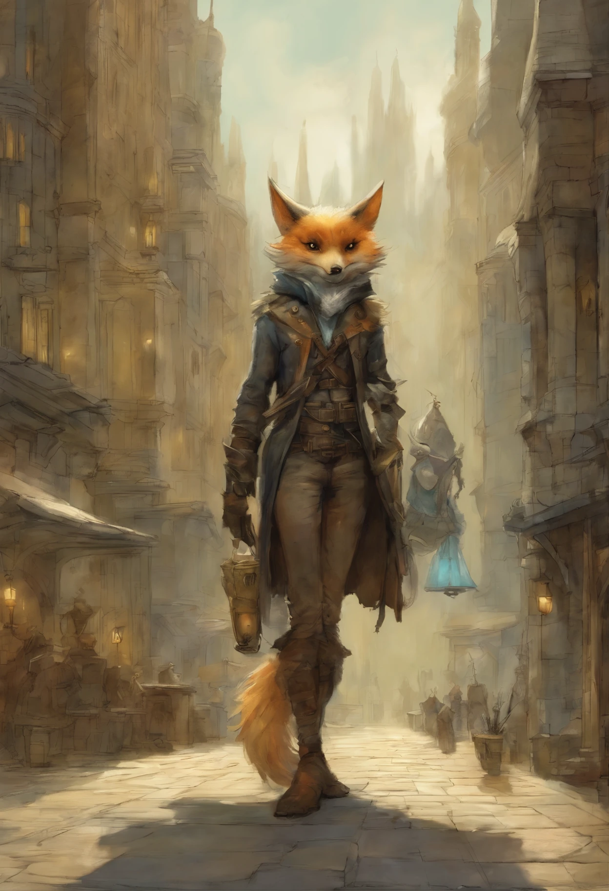 真实感, dark fantasy style, John Tolkien style, A small painting by Jean-Baptiste Monge, a fluffy owl girl with big breasts and big ears, looks like a arctic fox girl, in a short black leather jacket ....., Jeans, Stands next to a motorcycle, City, metropolis, city trail, big house, glass skyscraper Jean-Baptiste Monge, anthropomorphic -AR 2:3 -test -optimistic; 2400:4500