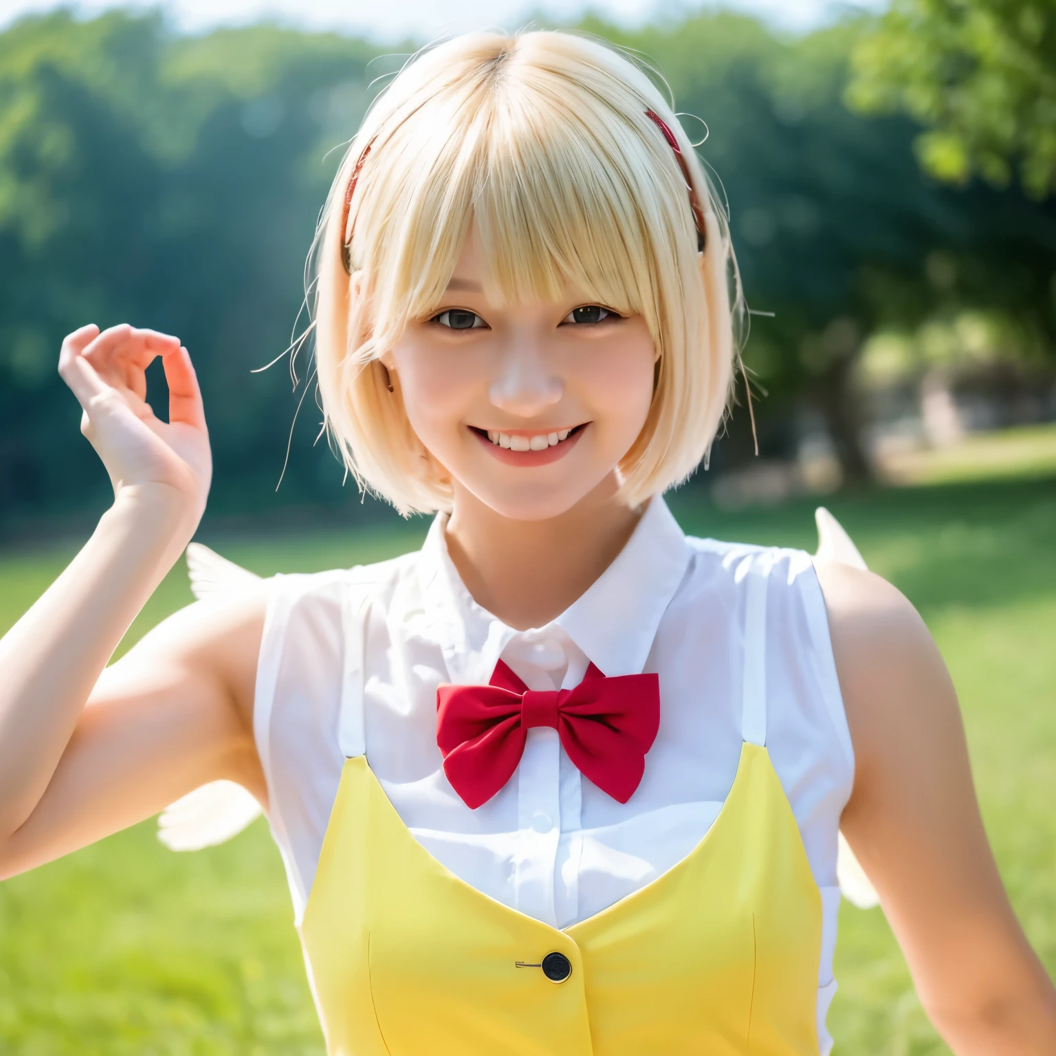 1girl, solo, blonde hair, bangs, short hair, hair bow, red vest, white shirt, wings, white wings, yellow eyes, outdoors, smile, (masterpiece, best quality),