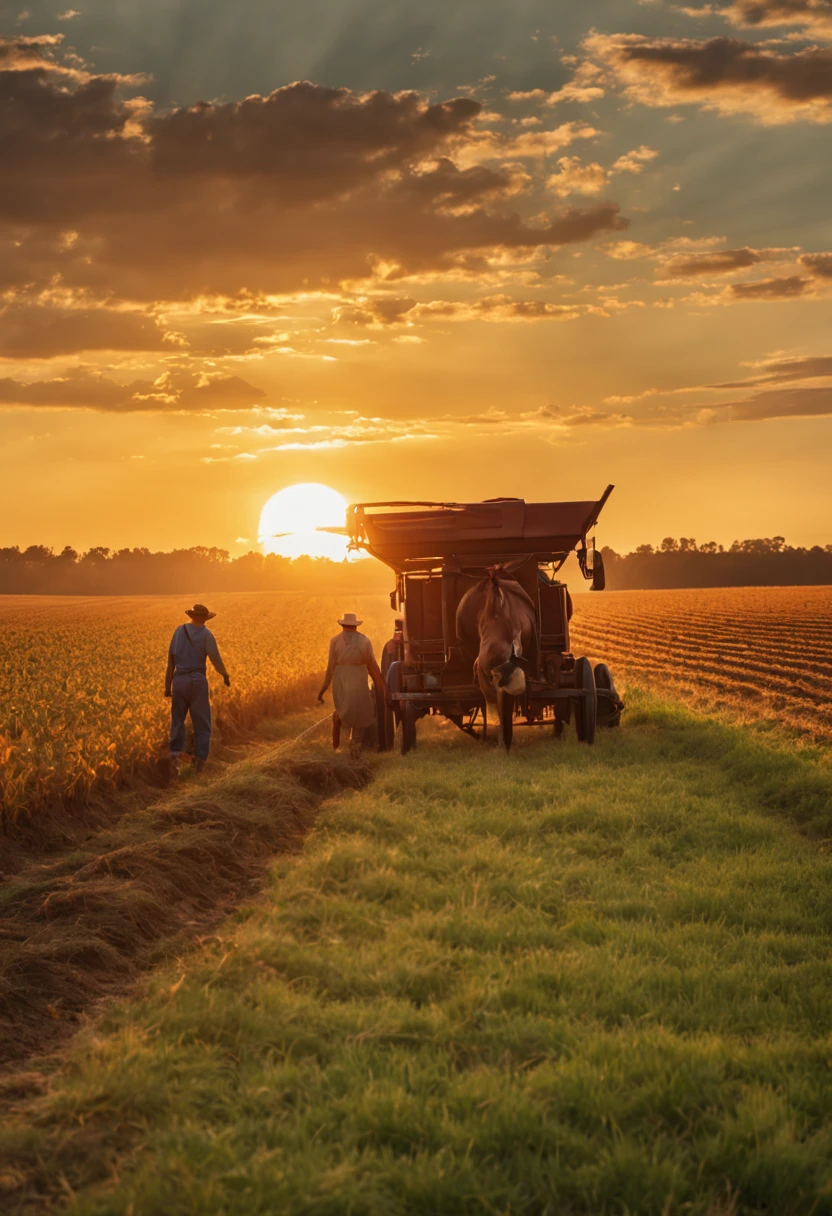 At the end of a day of farming, a farmer and his wife loading the harvest onto a wagon, the sun is setting, it's a bright, peaceful day, and the quality of the images is excellent.