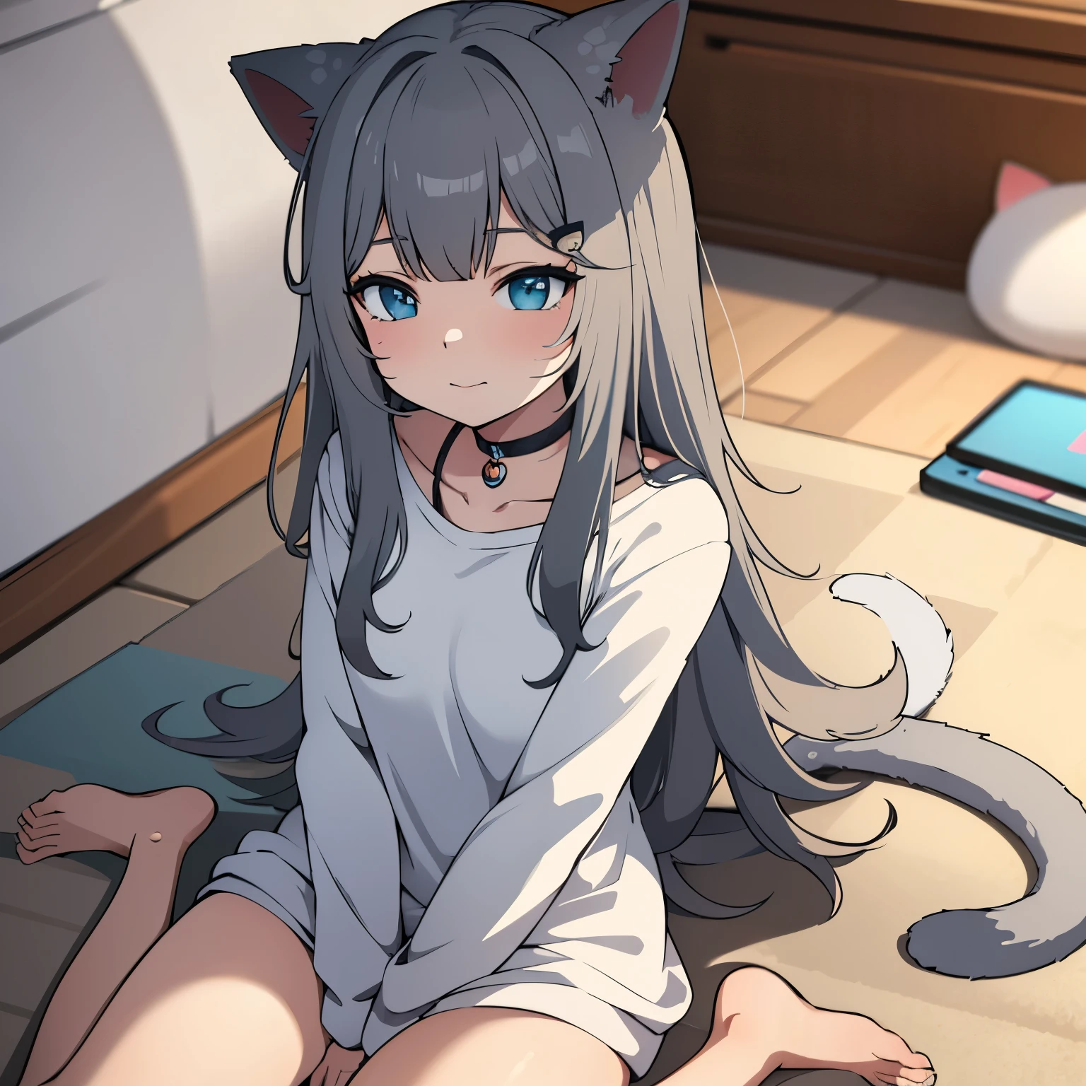 Anime image of a cat girl who has cat ears and a tail, she only has cat ears 