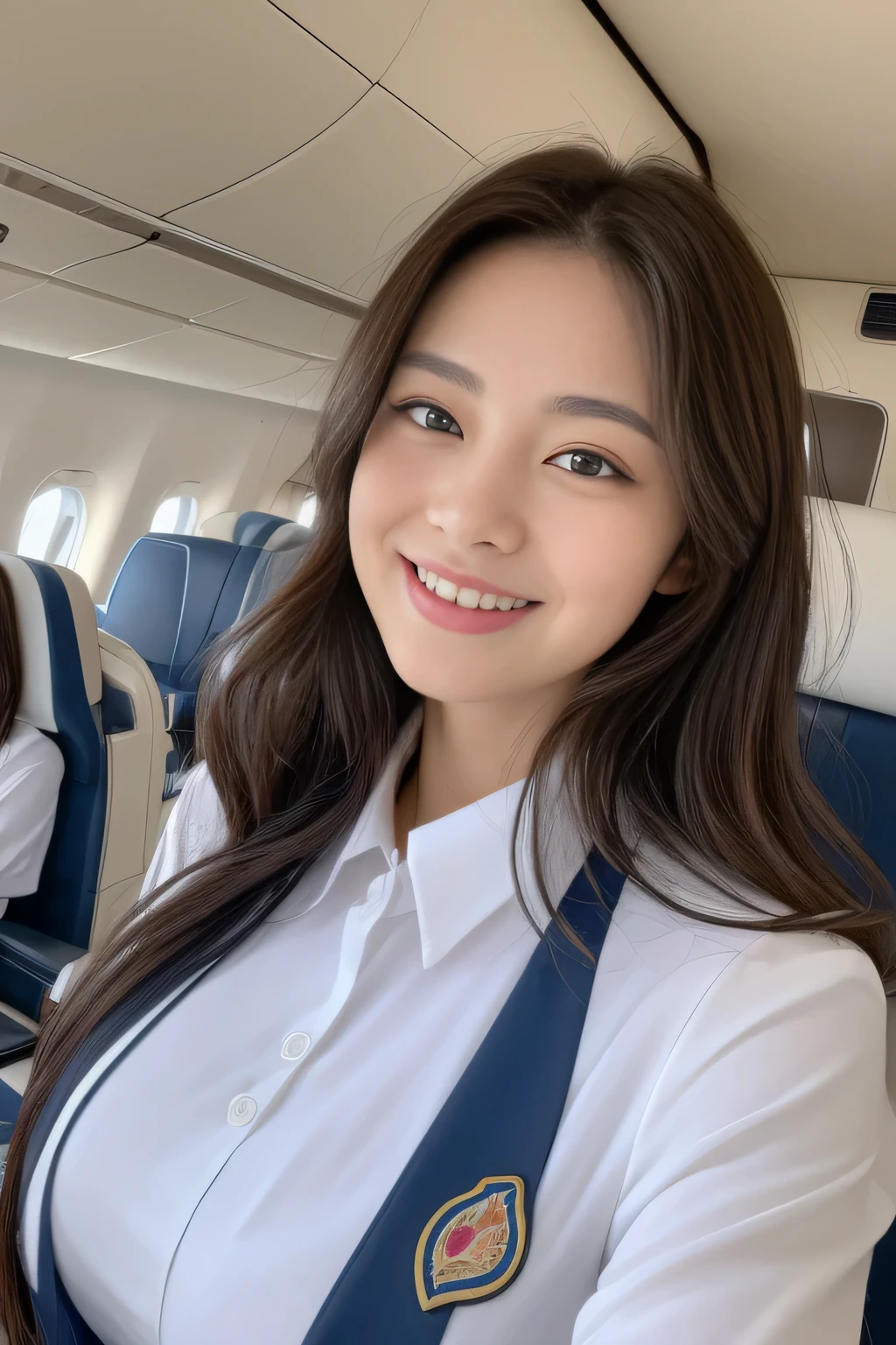 ((highest quality、8K、masterpiece:1.3))、sharp:1.2、perfect body beauty:1.4、slim abs:1.2、((big breasts:1.2))、(cabin attendant uniform:1.1)、(Airplane First Class:1.2)、beautiful face、wavy hair、Highly detailed face and skin texture、fine eyes、double eyelid、look at the camera、laughter