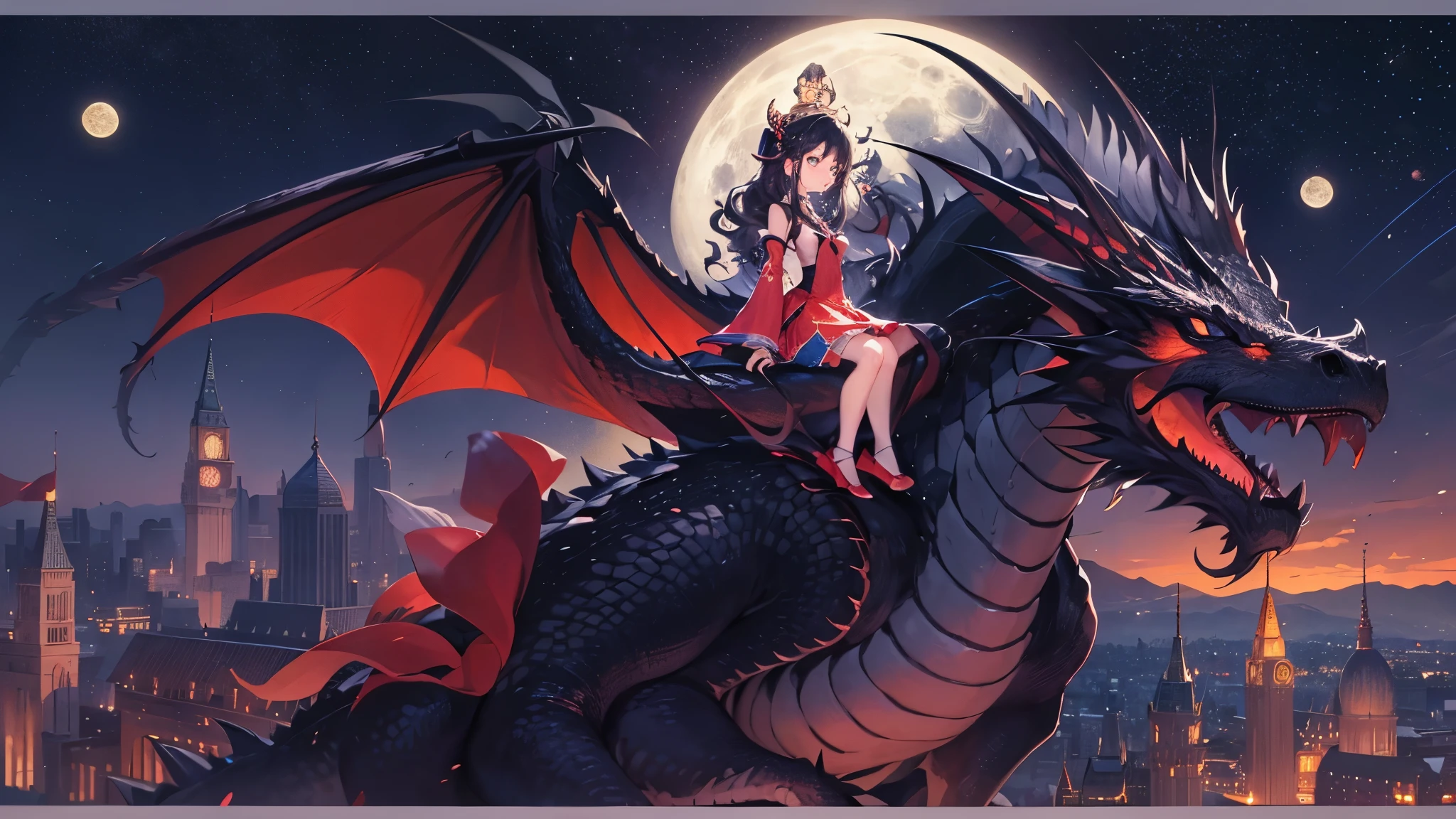 Panoramic, ((one black dragon and one girl in the nighat moon light)), (dragon is flying above the city), (curly black hair long hair immensely cute girl) is ((riding on the back of a dragon)) break , in a red beauty princes dress, masterpiece:1.3, best quarity, 16k, beautiful detailed grow, daydreaming expression.