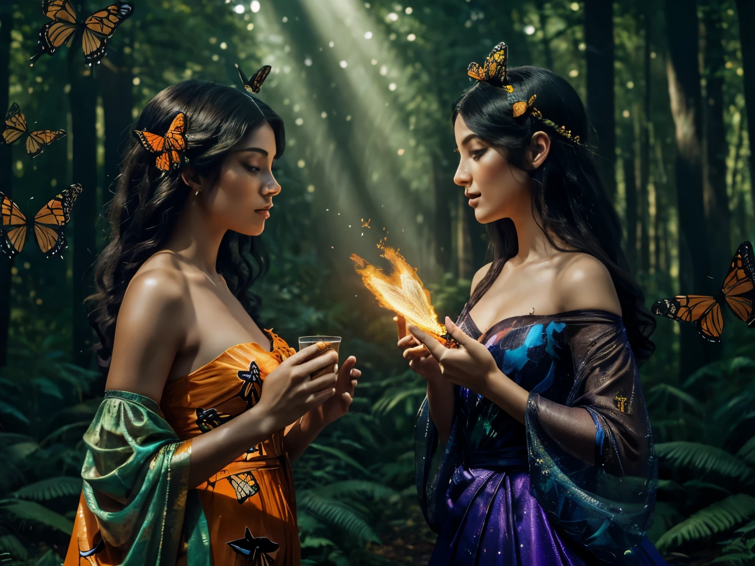 Beautiful dark haired woman covered entirely by millions of Monarch orange black and red butterflies like a second skin a gossamer dress that is almost part of her, covered in butterflies, as if they are coming out of her chest her heart, dappled sun beams through the pine fir forest, hyperdetailed, 64k resolution, Kodak resampled film grain,(((naturally interacting with the environment:1.5))),(((seamless:1.5))),((strong environmental light)),((hard shadows)),(merge realms of the extreme punk in a tapestry of dualities),enigmatic beings with ethereal silhouettes,digital dreamscape.Illuminate the scene with the pulse of a celestial bloom,(casting hues that bridge both cosmic and cybernetic realms).(Blend brushstrokes harmoniously),fusing elements of traditional artistry with glitched fragments of a pixelated mosaic.Embrace asymmetry,where the organic and the synthetic collide in a dynamic composition.(Infuse a shifting timeless vibrant palette).Integrate augmented reality surprises. by Da Vinci An image of a butterfly wings form a face, image with smoke effect and beauty