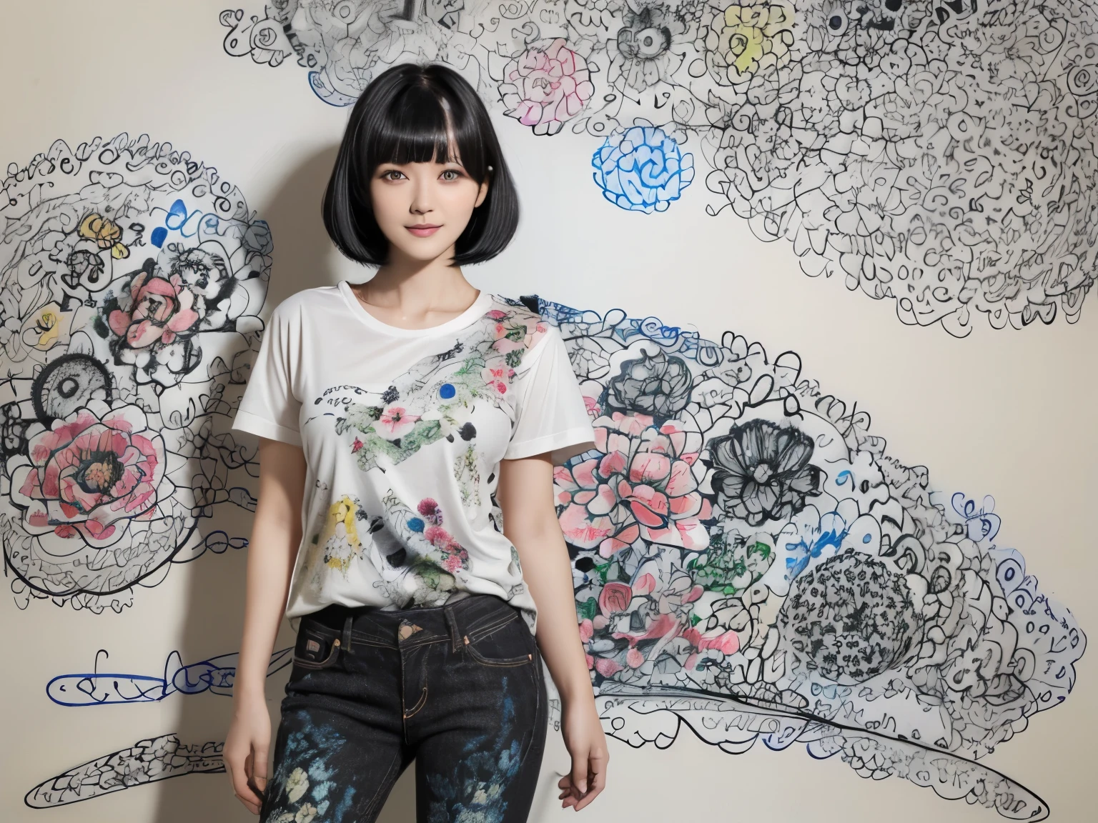 153
(Black Shorthair:1.46), (a 20 yo woman), (A hyper-realistic), (Masterpiece), (8KUHD), (gentle smile), Slender waist, Wearing jeans, ((Floral Clothing - T-Shirts)), Wearing long pants, abstract painting, (doodle:1.46), (brest:1.1), (口紅)