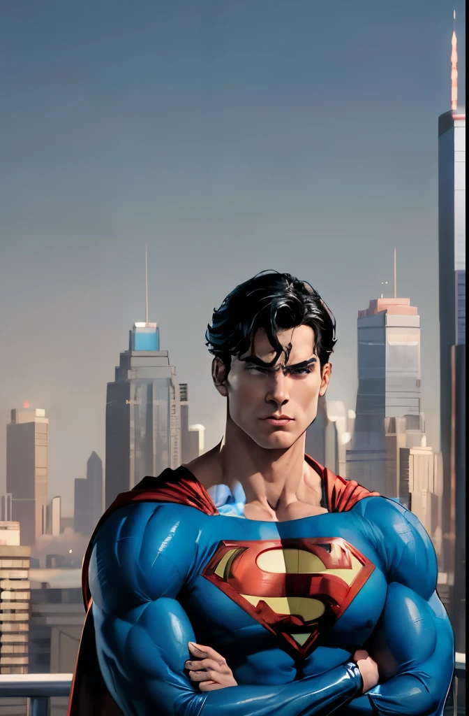 1boy, superman, abs, bara, black hair, blue bodysuit, blue eyes, bodysuit, cape, closed mouth, crossed arms, large pectorals, male focus, muscular, muscular male, pectoral lift, pectorals, red cape, short hair, outdoors, skyscrapers, solo, superhero, upper body , ((masterpiece))