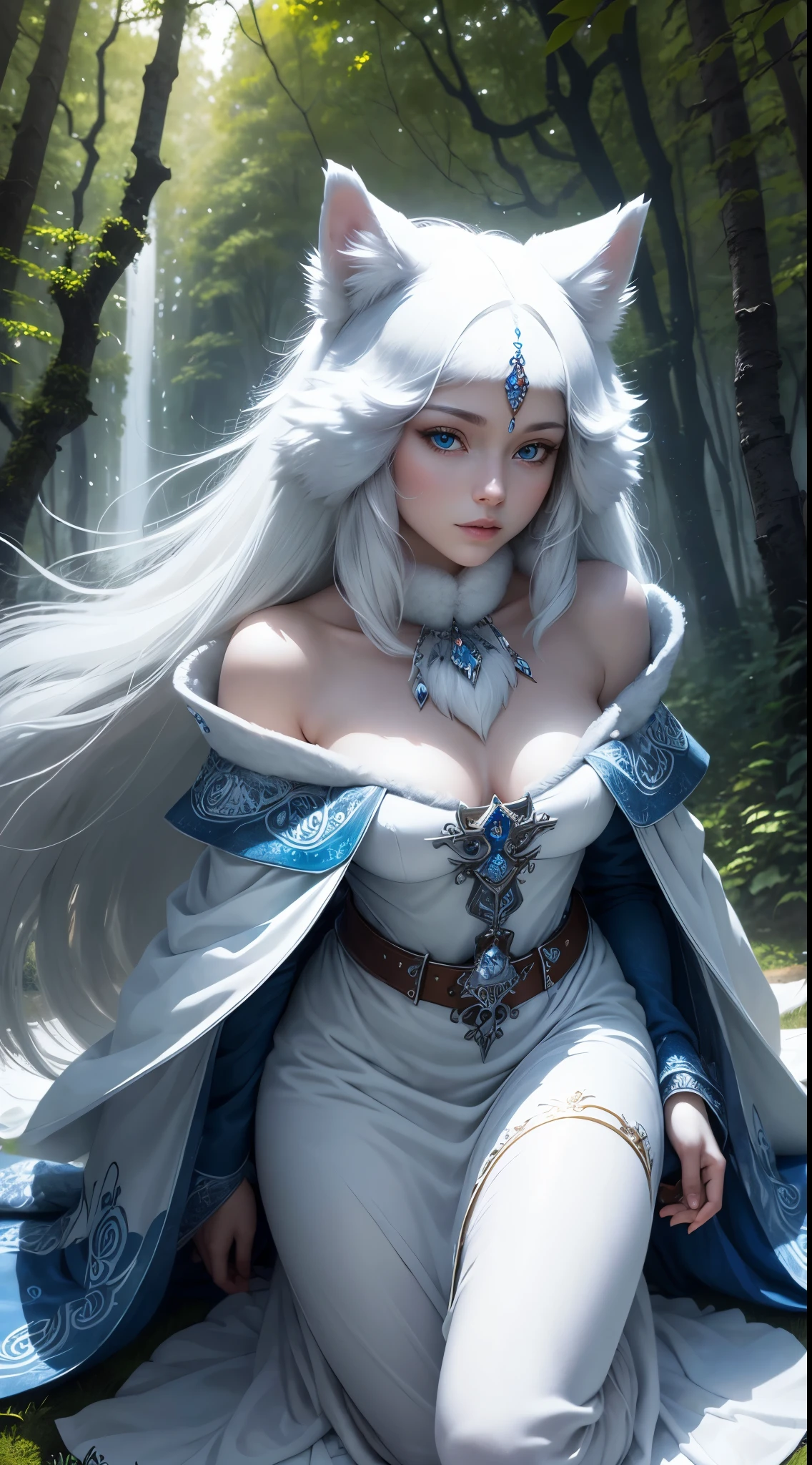The most beautiful and enchanted Huskie , white fur, glowing blue eyes, in the most beautiful enchanted forest, highly detailed, perfect masterpiece, high quality, high resolution, one white Huskie, (((no people))),