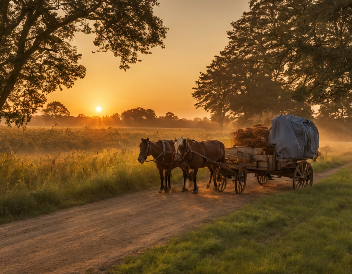 At the end of a day of farming, a farmer and his wife loading the harvest onto a wagon, the sun is setting, it's a bright, peaceful day, and the quality of the images is excellent.