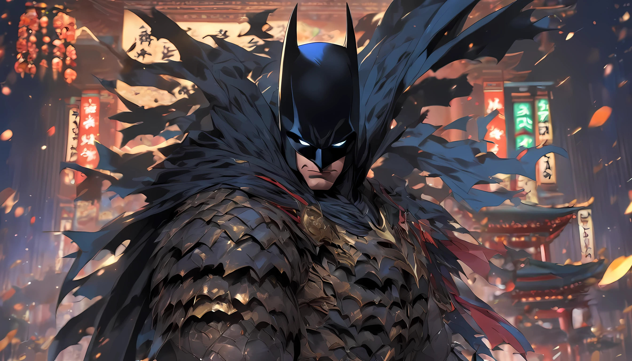 batman standing in beijing, wearing chinese ornamen on his costume, bring a sword on his left, standing pose full body photos, fighting pose, best fighting scene, best quality, ultra quality, absurd details, best light, best shadow, sharp, sharp picture, detailed face, detailed eyes, detailed hair, detailed, extremely detailed, great resolution, 8k, 4k, uhd, ray tracing, beautiful effects, full-body illustration