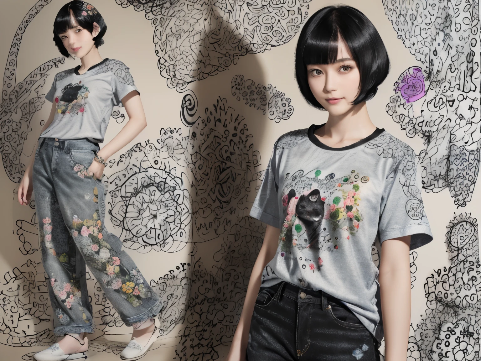 153
(Black Shorthair:1.46), (a 20 yo woman), (A hyper-realistic), (Masterpiece), (8KUHD), (gentle smile), Slender waist, Wearing jeans, ((Floral Clothing - T-Shirts)), Wearing long pants, abstract painting, (doodle:1.46), (brest:1.1), (口紅)