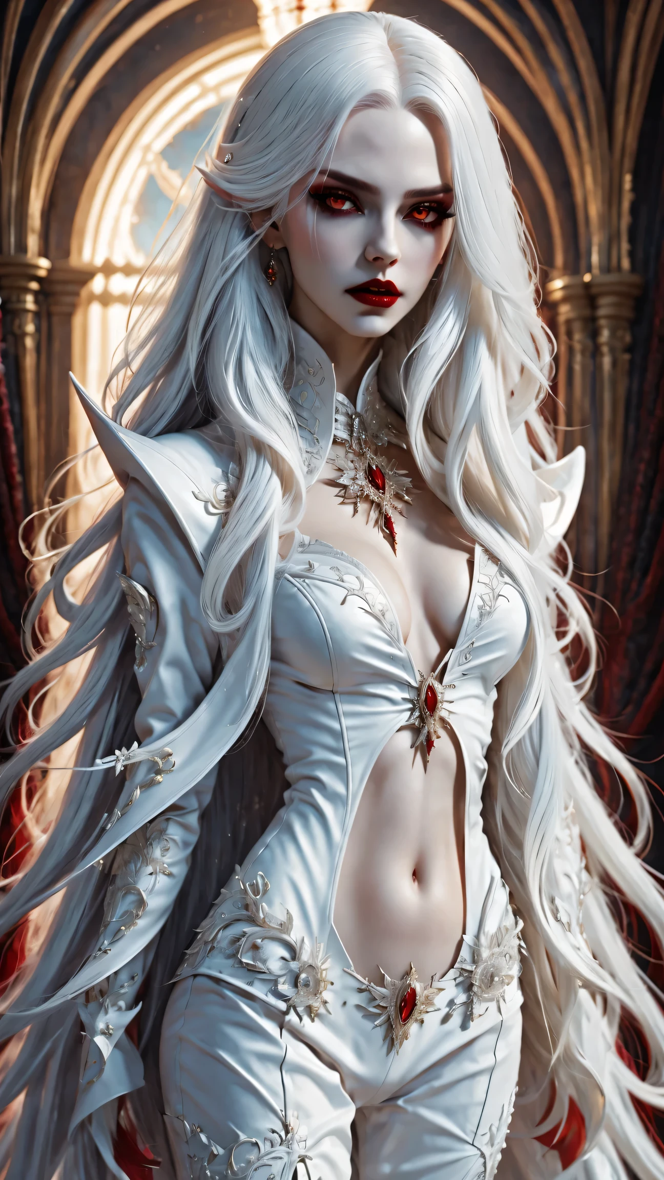 A terrifying and beautiful vampire, long white hair, Beautiful red lips, complicated eye roll, like a dream, ethereal, Cover the navel,Popular topics on Artstation, white luxury suit, BalenciagaStyle, Royal background,sharp focus,soft light, (best quality,4K,8k,high resolution,masterpiece:1.2),super detailed,(actual,photoactual,photo-actual:1.37)
