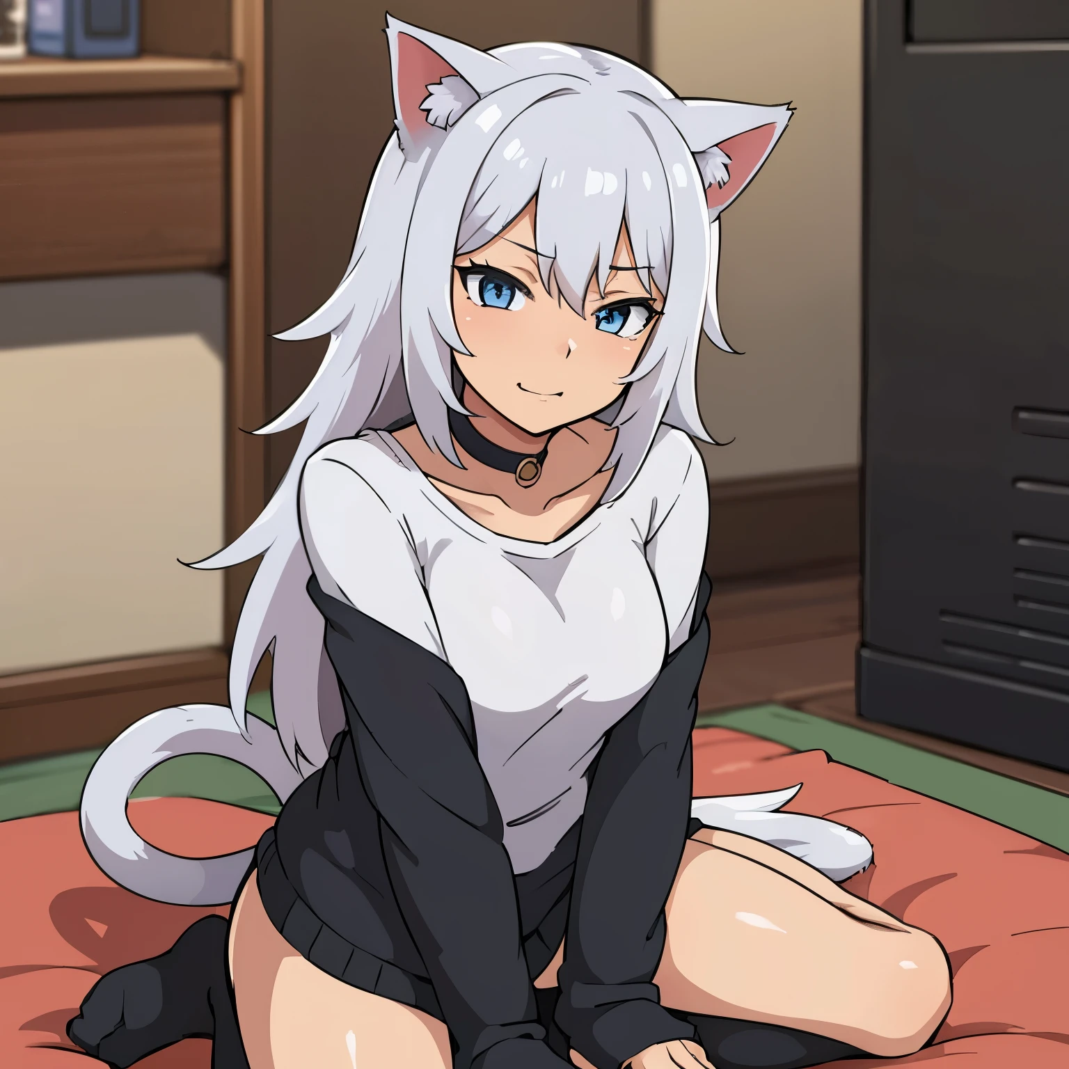 Anime image of a cat girl who has cat ears and a tail, she only has cat ears 