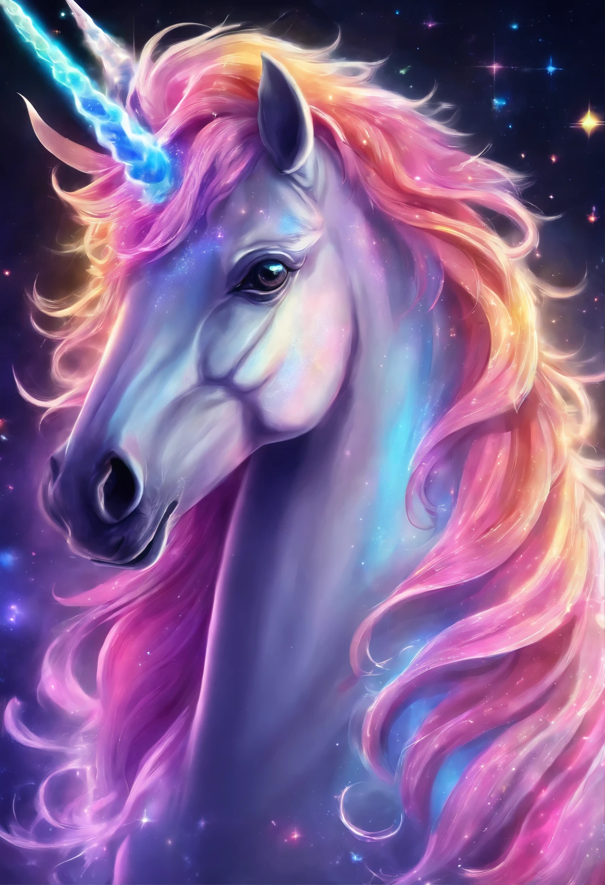 fantasy rainbow unicorn，Facial close-up enhancement，Ambilight，The colors are bright and bright，black background，mist，Meticulous portrayal，Rich details，imagination explosion，hyper-realistic，Super realistic，masterpiece，8k，light，Tyndall effect