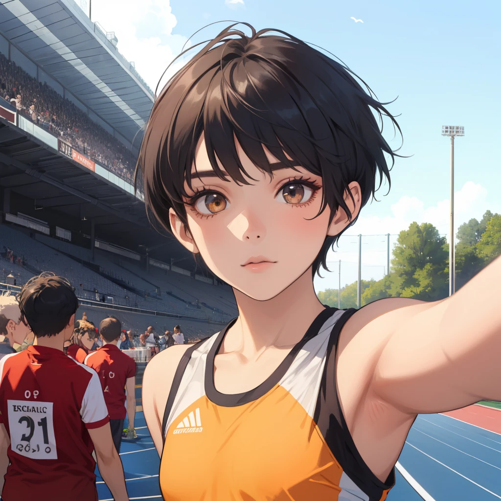 A girl, pixie hairstyle, Front View, slender, black hair, pixie haircut, pretty, face, flat, flat chest, track team uniform, elegant, white skin, selfie, picture