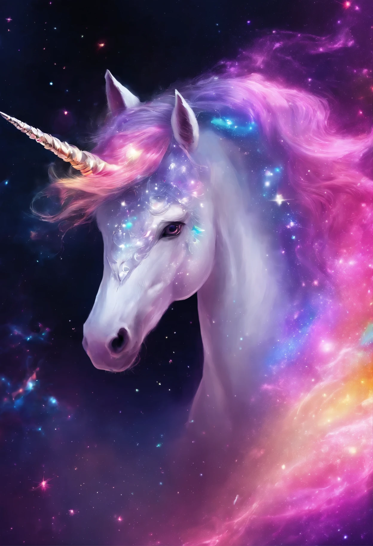 fantasy rainbow unicorn,Facial close-up enhancement,Ambilight,The colors are bright and bright,black background,mist,Meticulous portrayal,Rich details,imagination explosion,hyper-realistic,Super realistic,masterpiece,8k,light,Tyndall effect