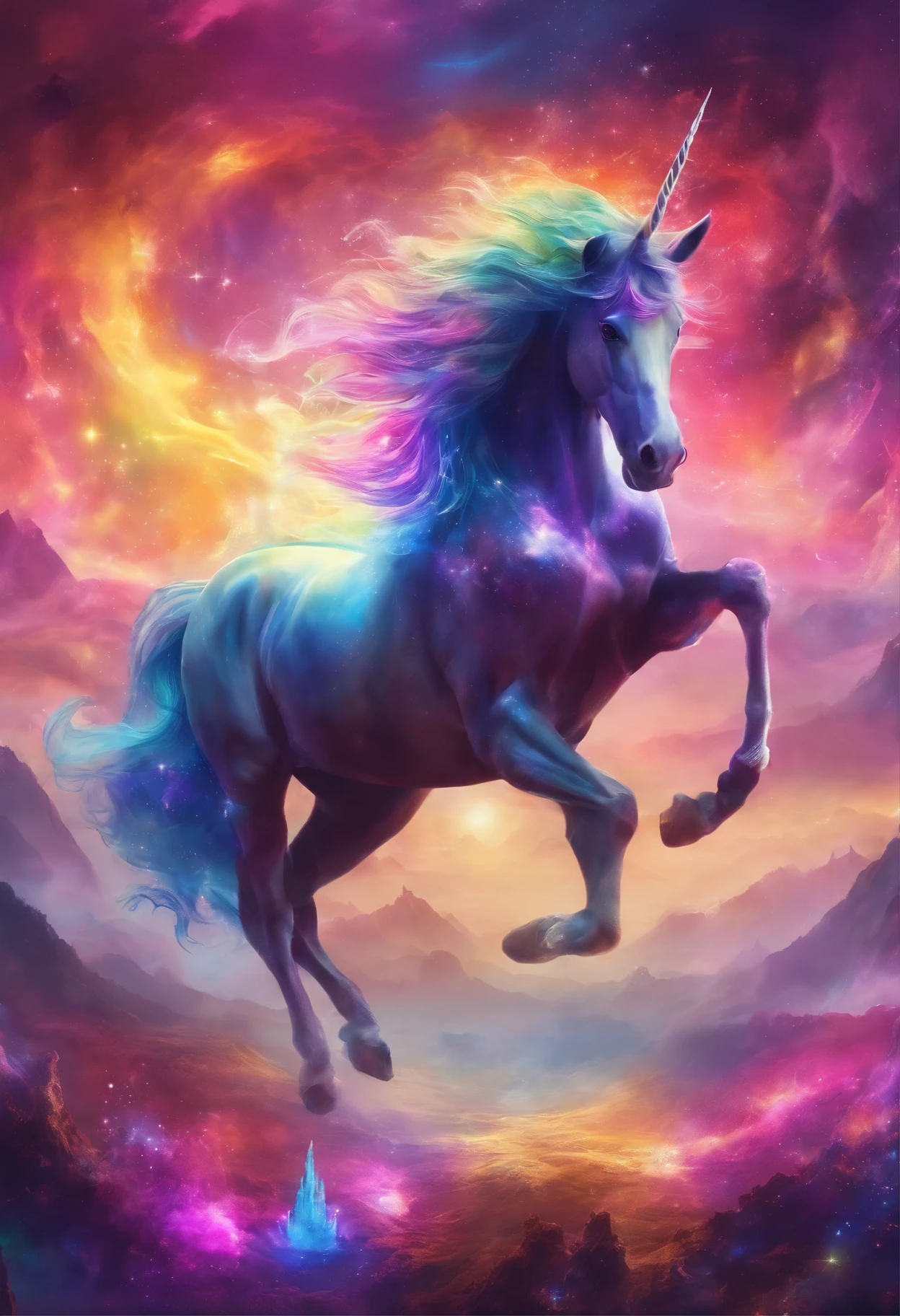 fantasy rainbow unicorn,Facial close-up enhancement,Ambilight,The colors are bright and bright,black background,mist,Meticulous portrayal,Rich details,imagination explosion,hyper-realistic,Super realistic,masterpiece,8k,light,Tyndall effect