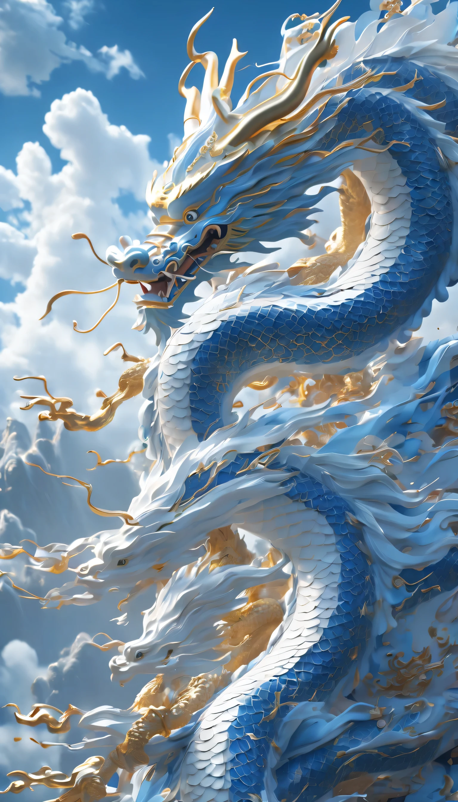 chinese drogan, Blue and white porcelain drogan, the dragon hovers in the sky,Chinese drogan Tin foil gold,grand scene,C4D rendering, Surrealism, master works, movie lighting, Ultra HD, fine details, color grading,32K HD