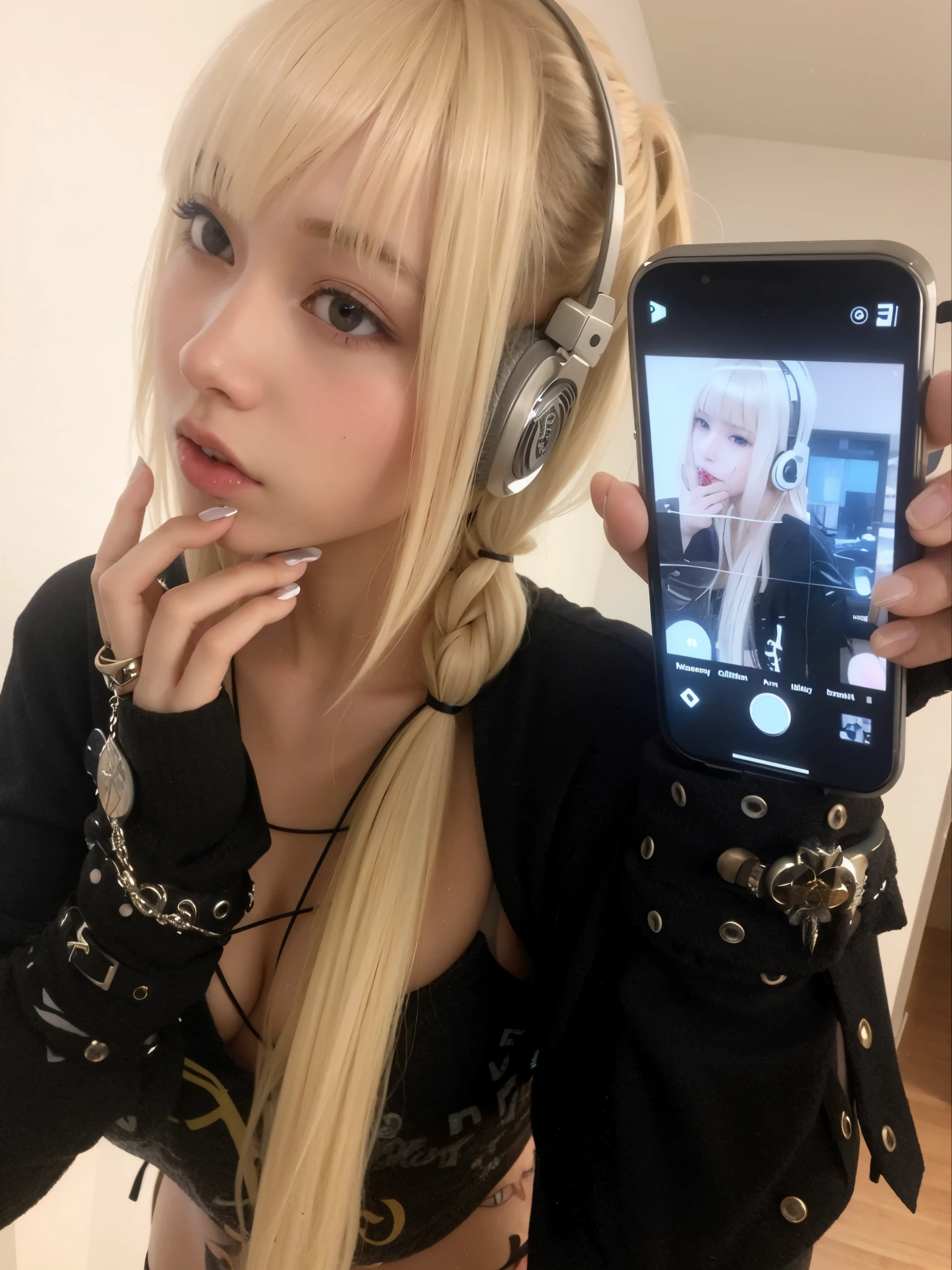 blond haired girl with headphones and a cell phone taking a selfie, rena nounen style 3/4, with head phones, long white hair and bangs, misa amane *, glam metal hair, with headphones, e - girl, e-girl, portrait a woman like reol, hair whitebangs hair, ava max, lalisa manobal