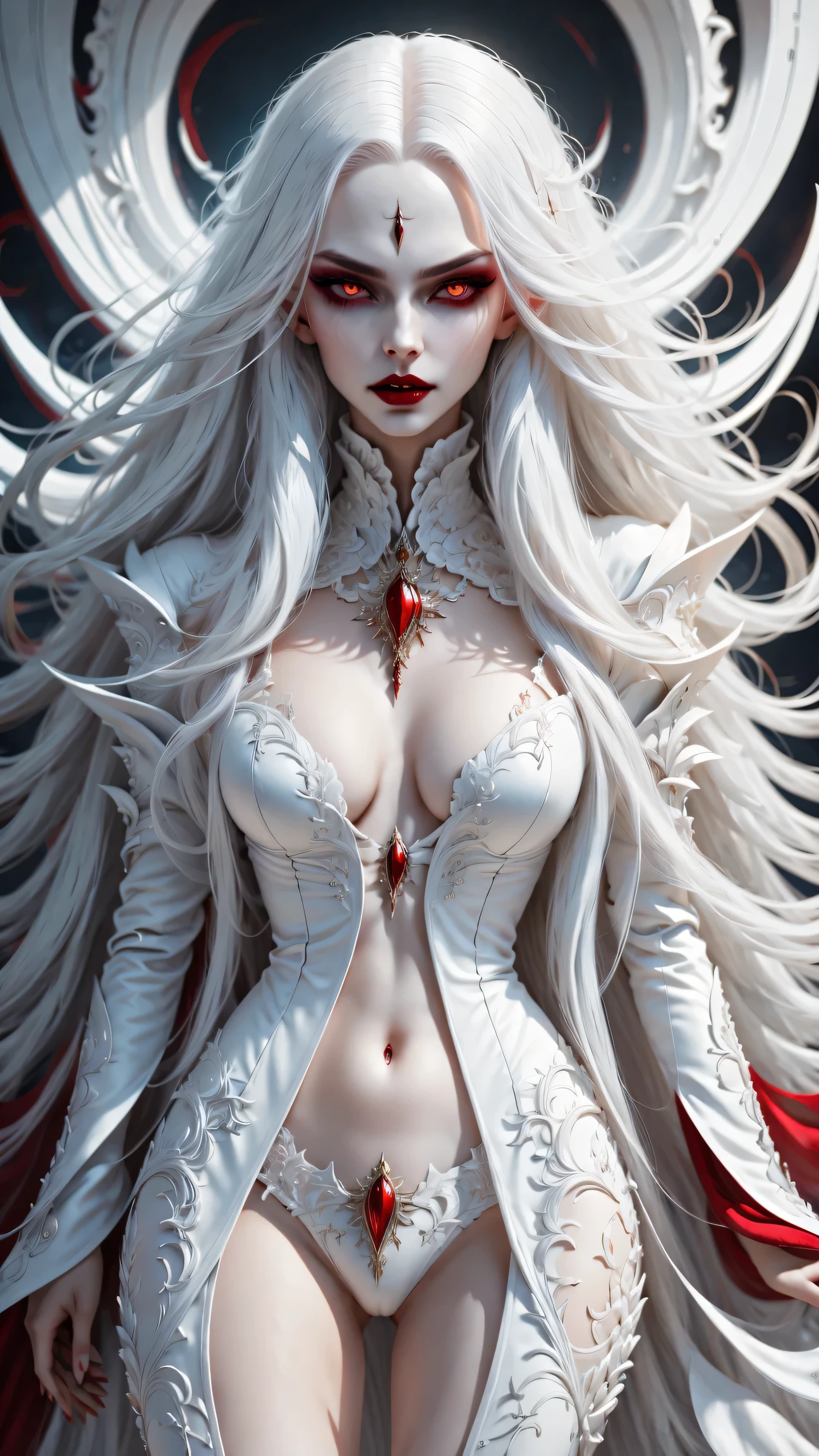 A terrifying and beautiful vampire, long white hair, Beautiful red lips, complicated eye roll, like a dream, ethereal, Cover the navel,Popular topics on Artstation, white luxury suit, BalenciagaStyle, Royal background，sharp focus，soft light, (best quality,4K,8k,high resolution,masterpiece:1.2),super detailed,(actual,photoactual,photo-actual:1.37)