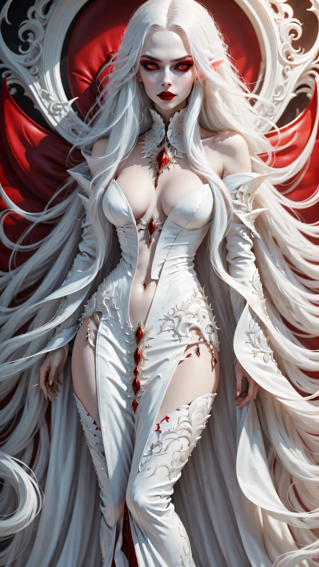 A terrifying and beautiful vampire, long white hair, Beautiful red lips, complicated eye roll, like a dream, ethereal, Cover the navel,Popular topics on Artstation, white luxury suit, BalenciagaStyle, Royal background，sharp focus，soft light, (best quality,4K,8k,high resolution,masterpiece:1.2),super detailed,(actual,photoactual,photo-actual:1.37)