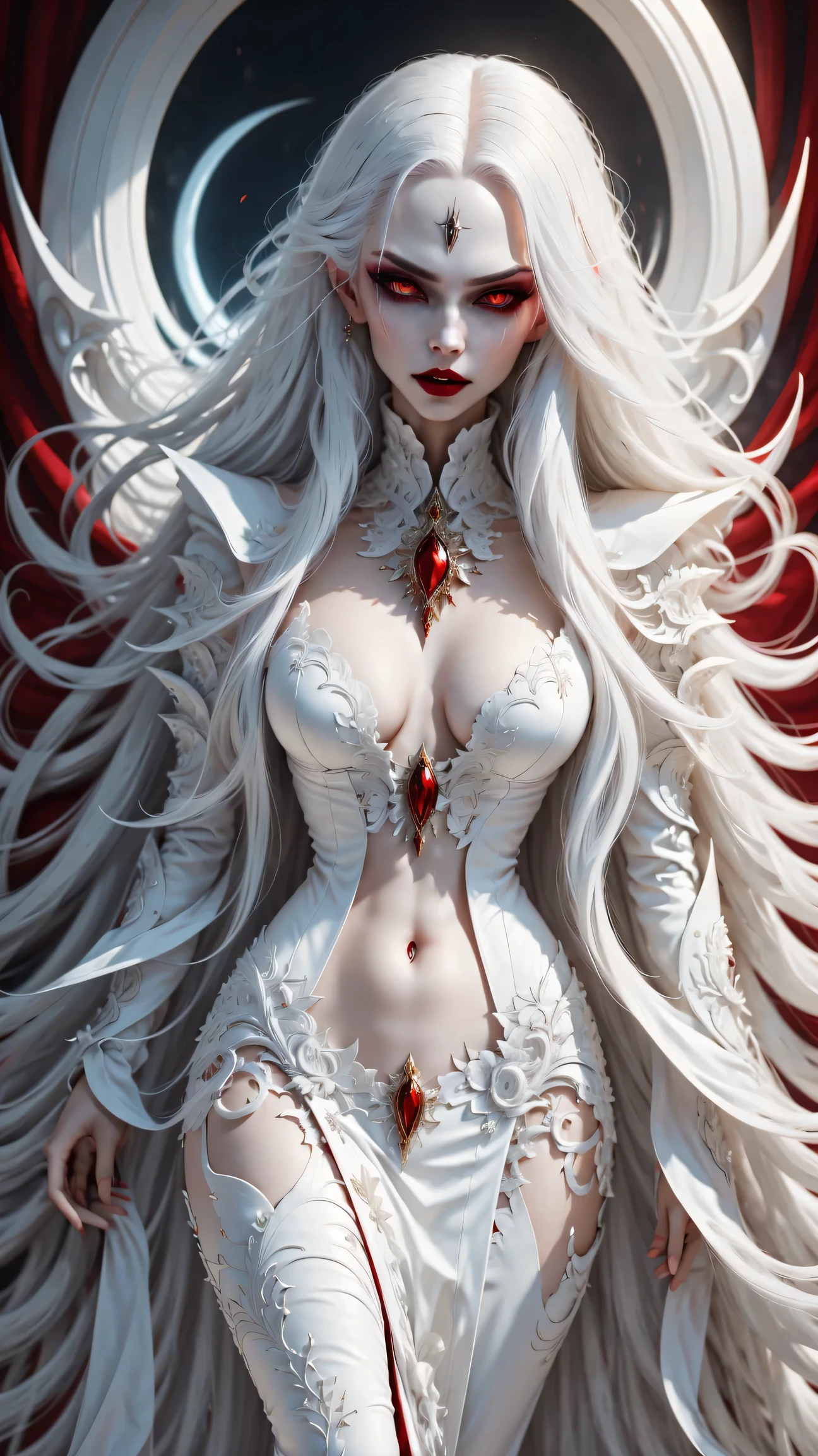 A terrifying and beautiful vampire, long white hair, Beautiful red lips, complicated eye roll, like a dream, ethereal, Cover the navel,Popular topics on Artstation, white luxury suit, BalenciagaStyle, Royal background，sharp focus，soft light, (best quality,4K,8k,high resolution,masterpiece:1.2),super detailed,(actual,photoactual,photo-actual:1.37)