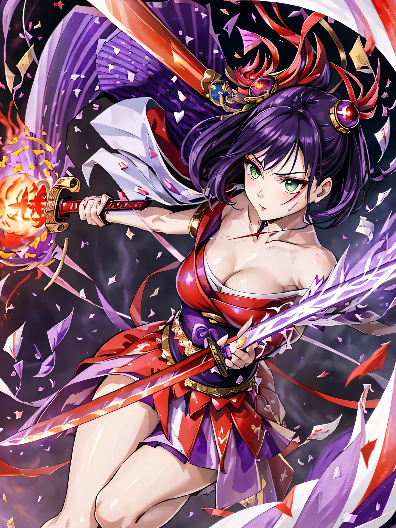 high resolution:1.7, incredibly absurdres, kawaii:1, cute:1.5, hires.fix, incredibly fine illustration,8k,masterpiece:1.2,best quality, high quality, exquisite, beautiful, insanely detailed, intricate detailed, extremely detailed, Super Definition, ultra high res, Super Resolution, best aesthetic, ultra detailed:1.5, best quality, perfect face, detailed face, masterpiece:1.2, illustration:1.2, 8k cg wallpaper, stunning art,absurdres,octane render,ultra hires,1girl, (kunoichi:1.2), black hair,(wide eyes:1.4,big green eyes,enchanting bright eyes studded with gold and silver dust,wet crystal eyes),(finely detailed beautiful eyes),lean body,waist slender,leg slender, (Japanese clothes),kimono,ninja, (kunoichi uniform), (gauntlet:1.2), (greave:1.2), (gaiter:1.2), (purple flame:1.5), (red fire:1.5), (holding white flame sword:1.5), (holding blue energy sword:1.3), (purple flame katana:1.3), (swing a purple flame sword:1.3),
battle,fight,(action pose: 1.4),(vengeful spirit come's attack), (vs vengeful spirit),(purple confetti:1.5),(cave),tentacles,dungeon,(dutch angle),dark mystic ruins