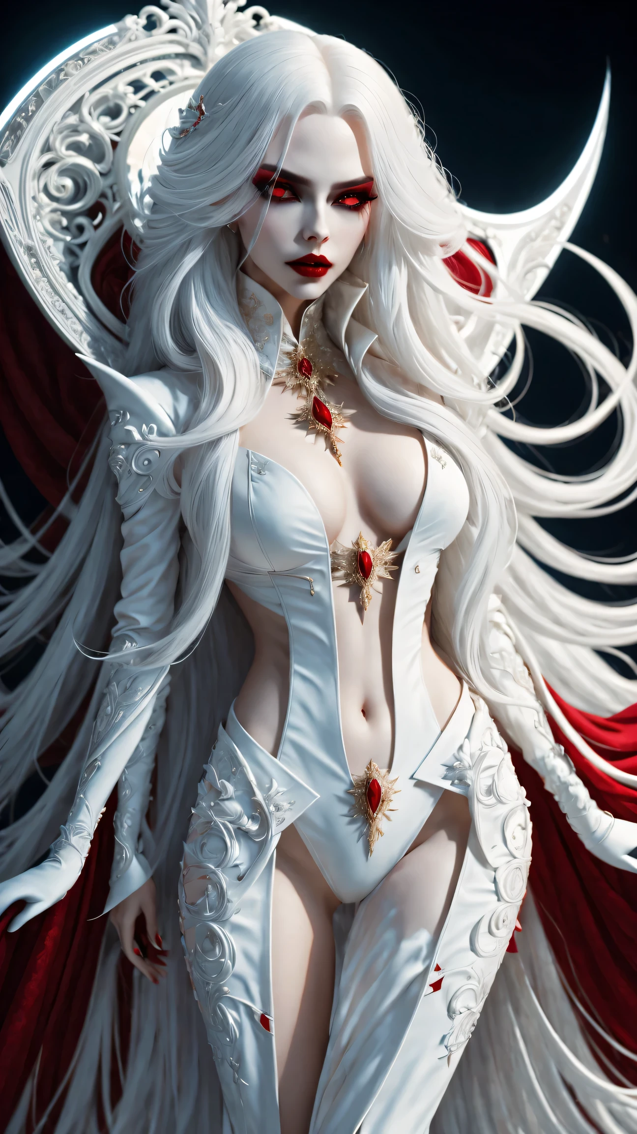 A terrifying and beautiful vampire, long white hair, Beautiful red lips, complicated eye roll, like a dream, ethereal, Cover the navel,Popular topics on Artstation, white luxury suit, BalenciagaStyle, Royal background,sharp focus,soft light, (best quality,4K,8k,high resolution,masterpiece:1.2),super detailed,(actual,photoactual,photo-actual:1.37)