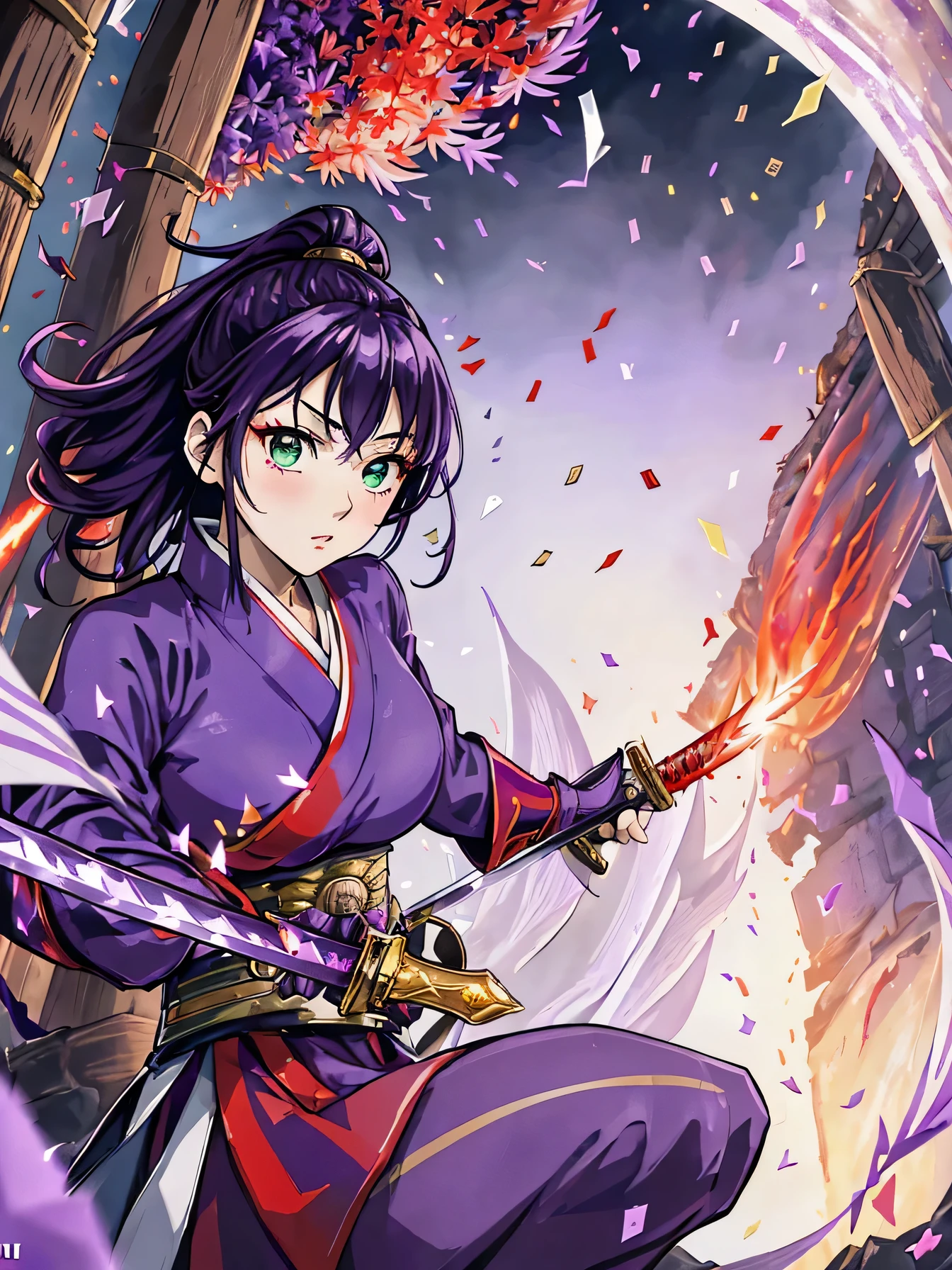 high resolution:1.7, incredibly absurdres, kawaii:1, cute:1.5, hires.fix, incredibly fine illustration,8k,masterpiece:1.2,best quality, high quality, exquisite, beautiful, insanely detailed, intricate detailed, extremely detailed, Super Definition, ultra high res, Super Resolution, best aesthetic, ultra detailed:1.5, best quality, perfect face, detailed face, masterpiece:1.2, illustration:1.2, 8k cg wallpaper, stunning art,absurdres,octane render,ultra hires,1girl, (kunoichi:1.2), black hair,(wide eyes:1.4,big green eyes,enchanting bright eyes studded with gold and silver dust,wet crystal eyes),(finely detailed beautiful eyes),lean body,waist slender,leg slender, (Japanese clothes),kimono,ninja, (kunoichi uniform), (gauntlet:1.2), (greave:1.2), (gaiter:1.2), (purple flame:1.5), (red fire:1.5), (holding white flame sword:1.5), (holding blue energy sword:1.3), (purple flame katana:1.3), (swing a purple flame sword:1.3),
battle,fight,(action pose: 1.4),(vengeful spirit come's attack), (vs vengeful spirit),(purple confetti:1.5),(cave),tentacles,dungeon,(dutch angle),dark mystic ruins