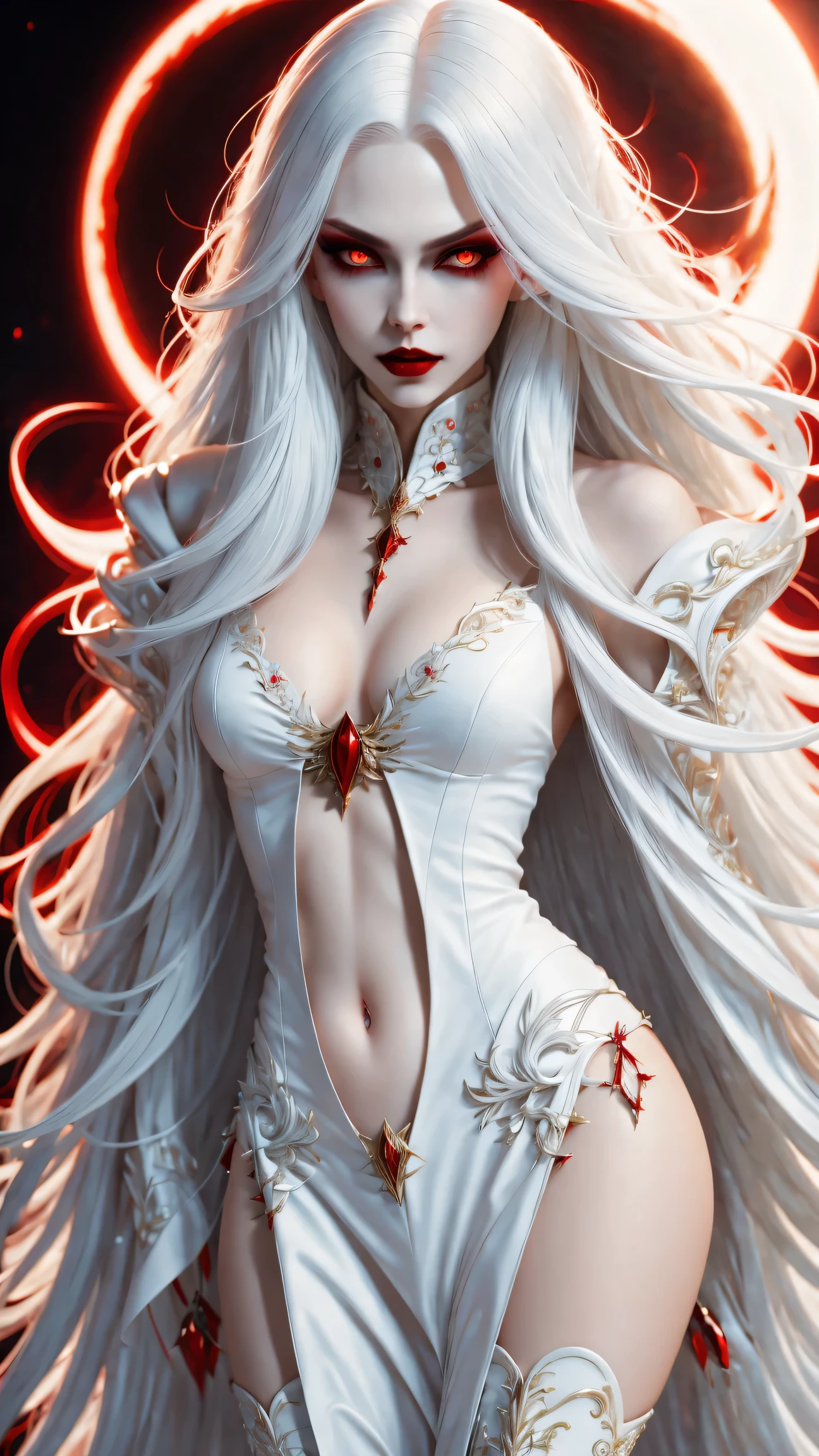 A terrifying and beautiful vampire, long white hair, Beautiful red lips, complicated eye roll, like a dream, ethereal, Cover the navel,Popular topics on Artstation, white luxury suit, BalenciagaStyle, Royal background，sharp focus，soft light, (best quality,4K,8k,high resolution,masterpiece:1.2),super detailed,(actual,photoactual,photo-actual:1.37)
