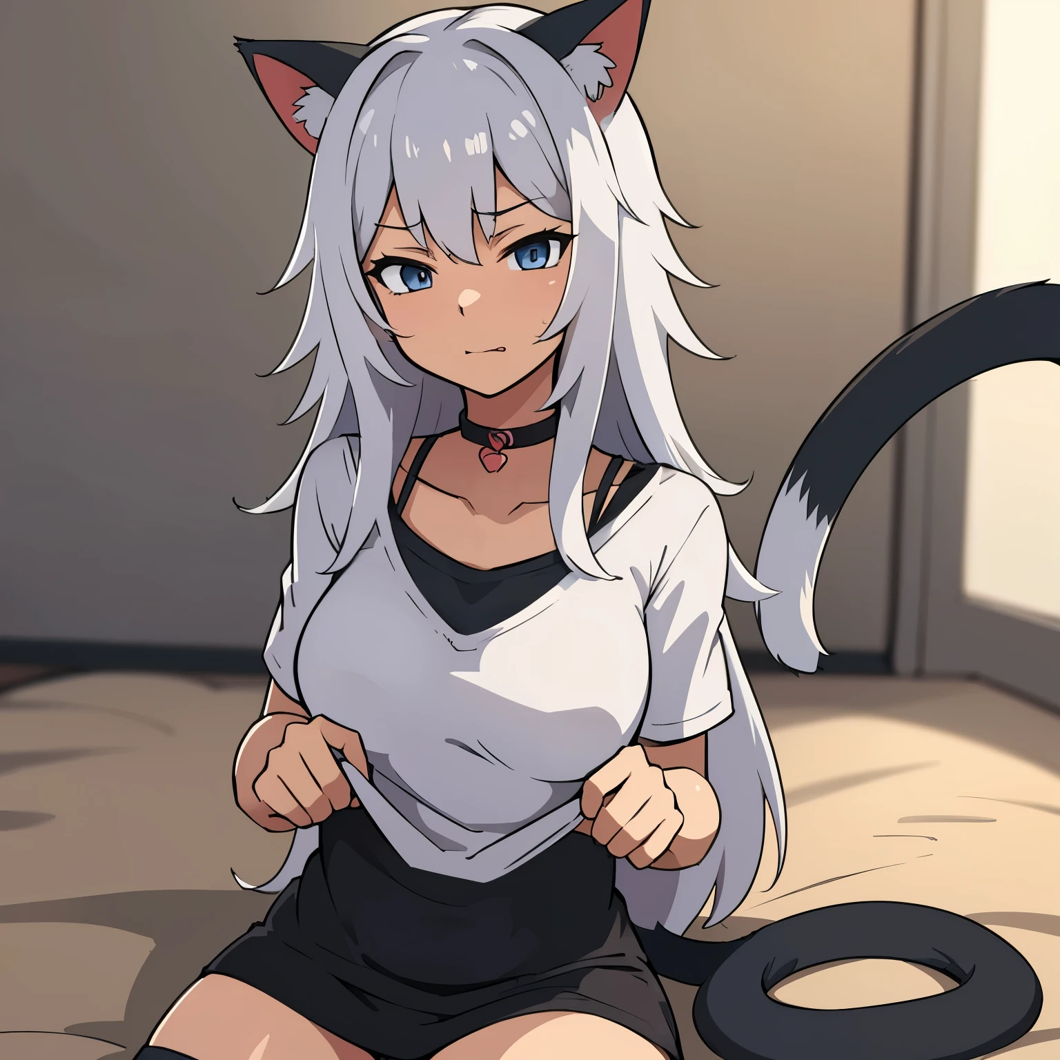 Anime image of a cat girl who has cat ears and a tail, she only has cat ears 