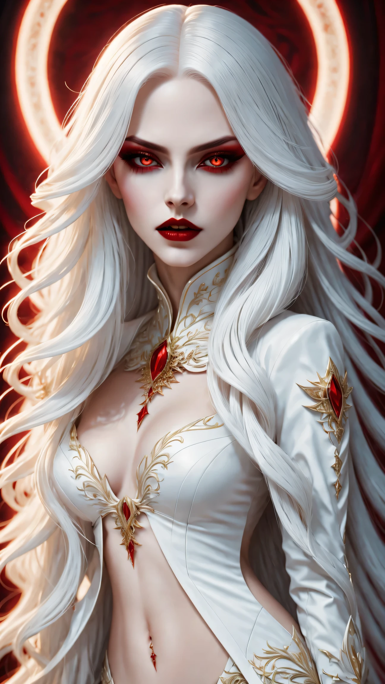 A terrifying and beautiful vampire, long white hair, Beautiful red lips, complicated eye roll, like a dream, ethereal, Cover the navel,Popular topics on Artstation, white luxury suit, BalenciagaStyle, Royal background，sharp focus，soft light, (best quality,4K,8k,high resolution,masterpiece:1.2),super detailed,(actual,photoactual,photo-actual:1.37)