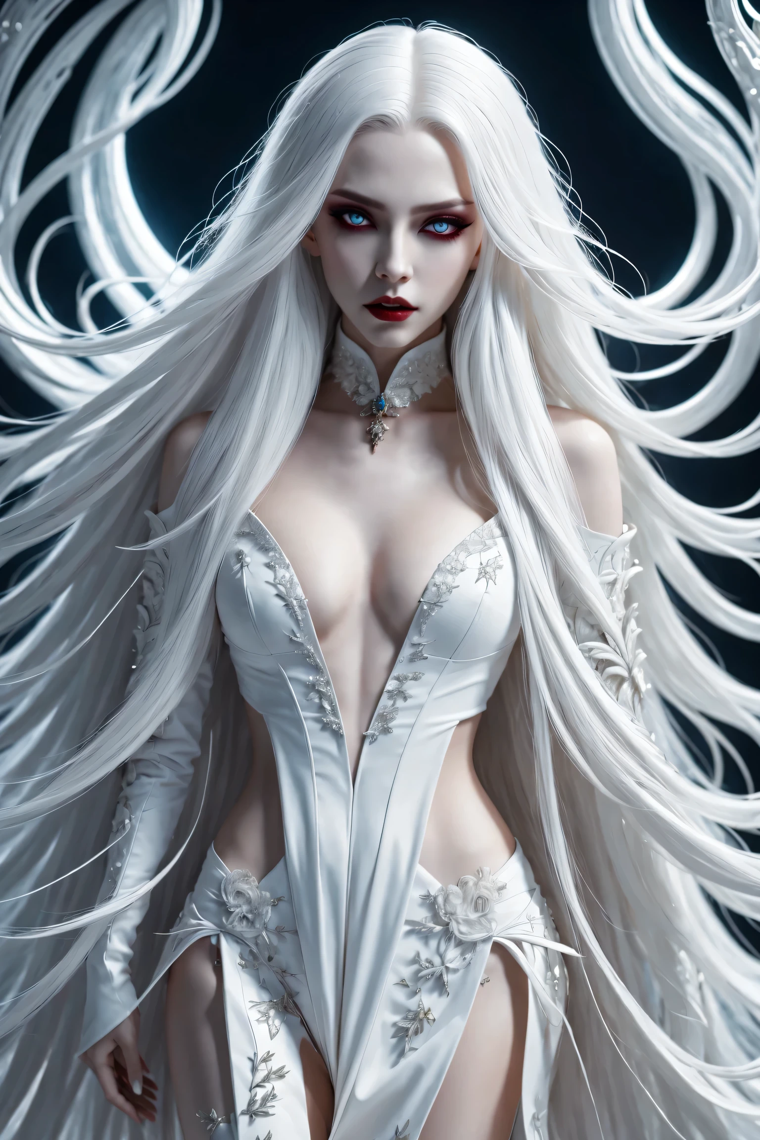 Portrait of a scary and beautiful vampire, long white hair, complicated eye roll, like a dream, ethereal, Cover the navel,Popular topics on Artstation, white luxury suit, BalenciagaStyle, Royal background,sharp focus,soft light, (best quality,4K,8k,high resolution,masterpiece:1.2),super detailed,(actual,photoactual,photo-actual:1.37)