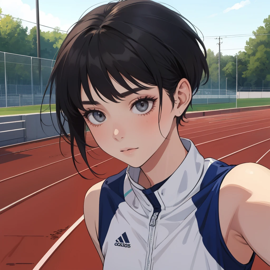 A girl, pixie hairstyle, Front View, slender, flat chest, One-person viewpoint, pale skin, track team, black hair, pixie haircut, picture, selfie