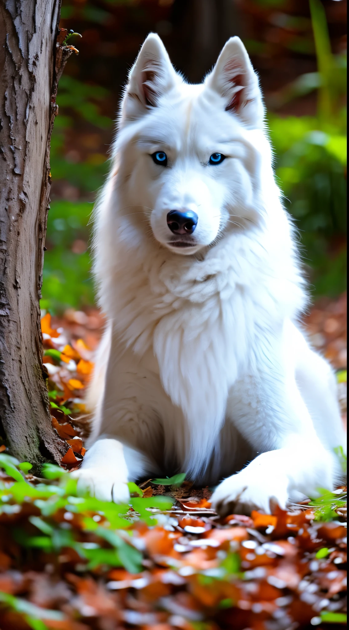 The most beautiful and enchanted Huskie , white fur, glowing blue eyes, in the most beautiful enchanted forest, highly detailed, perfect masterpiece, high quality, high resolution, one white Huskie dog, (((no people))),