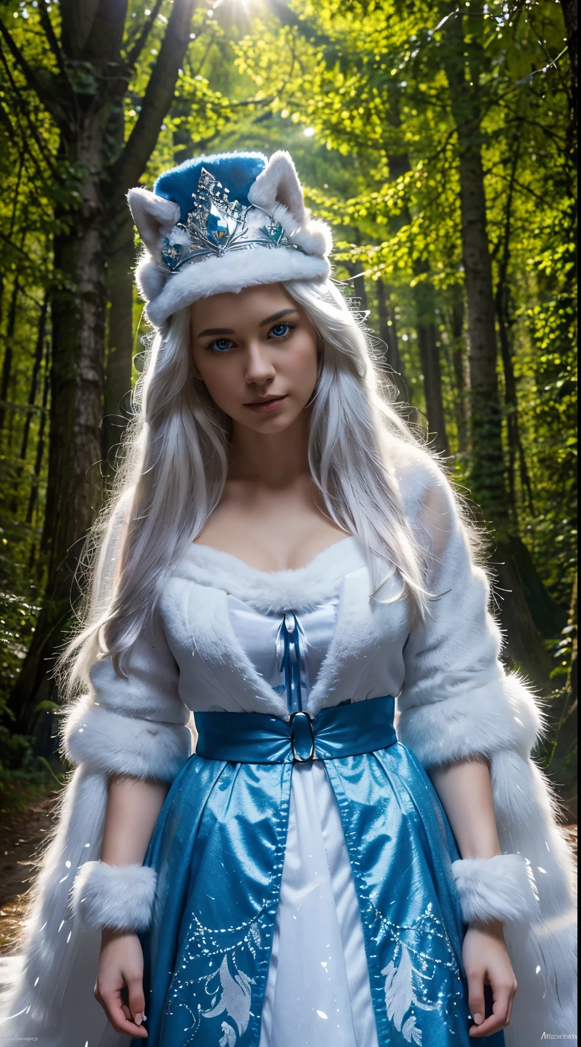 The most beautiful and enchanted Huskie , white fur, glowing blue eyes, in the most beautiful enchanted forest, highly detailed, perfect masterpiece, high quality, high resolution, one white Huskie dog, (((no people))),