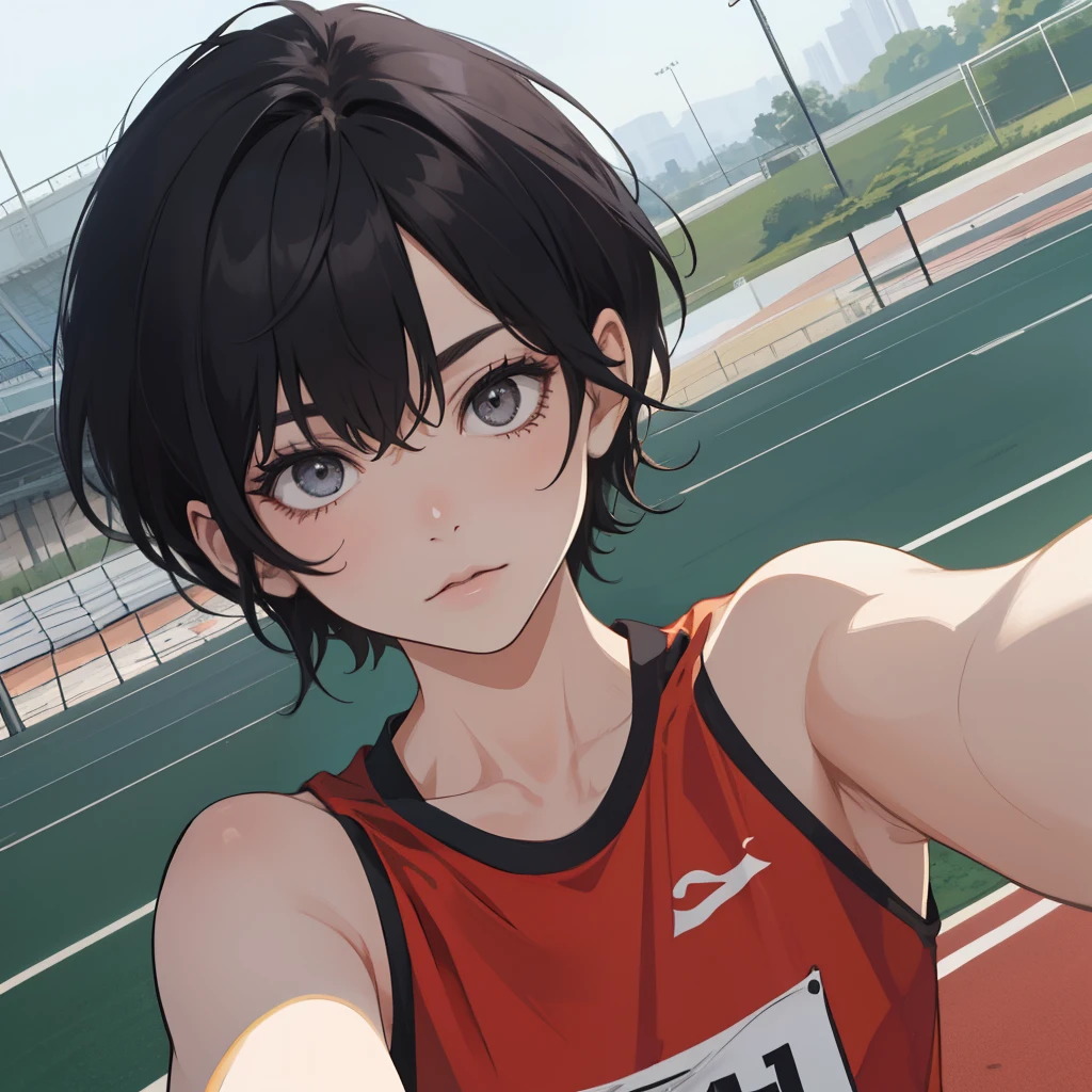 A girl, pixie hairstyle, Front View, slender, black hair, pixie haircut, pretty, face, flat, flat chest, track team uniform, elegant, white skin, selfie, picture, eye contact, cold eyes, slight muscle